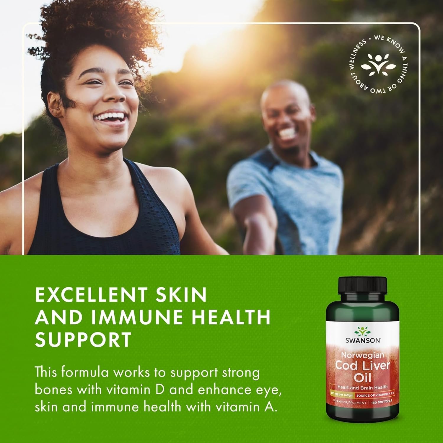 Swanson Cod Liver Oil - Wellness Supplement Promoting Bone, Skin Health, Vision Support & Immune System Function w/High Absorption Vitamin A - (180 Softgels, 350mg Each) 2 Pack