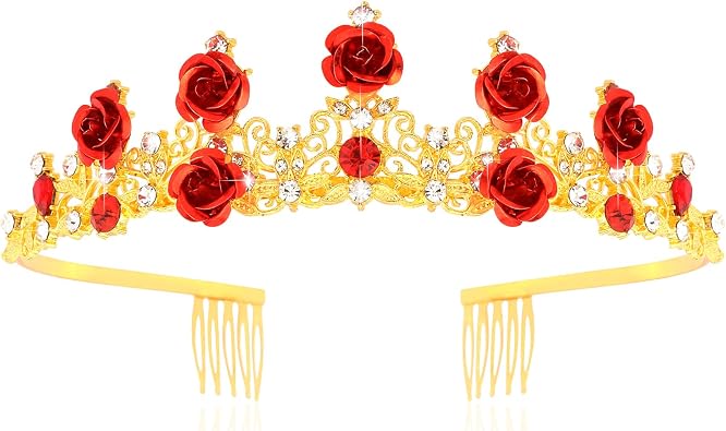 TOBATOBA Red Rose Tiaras and Crowns for Women Flower Princess Bridal Wedding Tiara Belle Costume Women for Halloween Prom Birthday Valentines Day Flower Fairy Headpiece