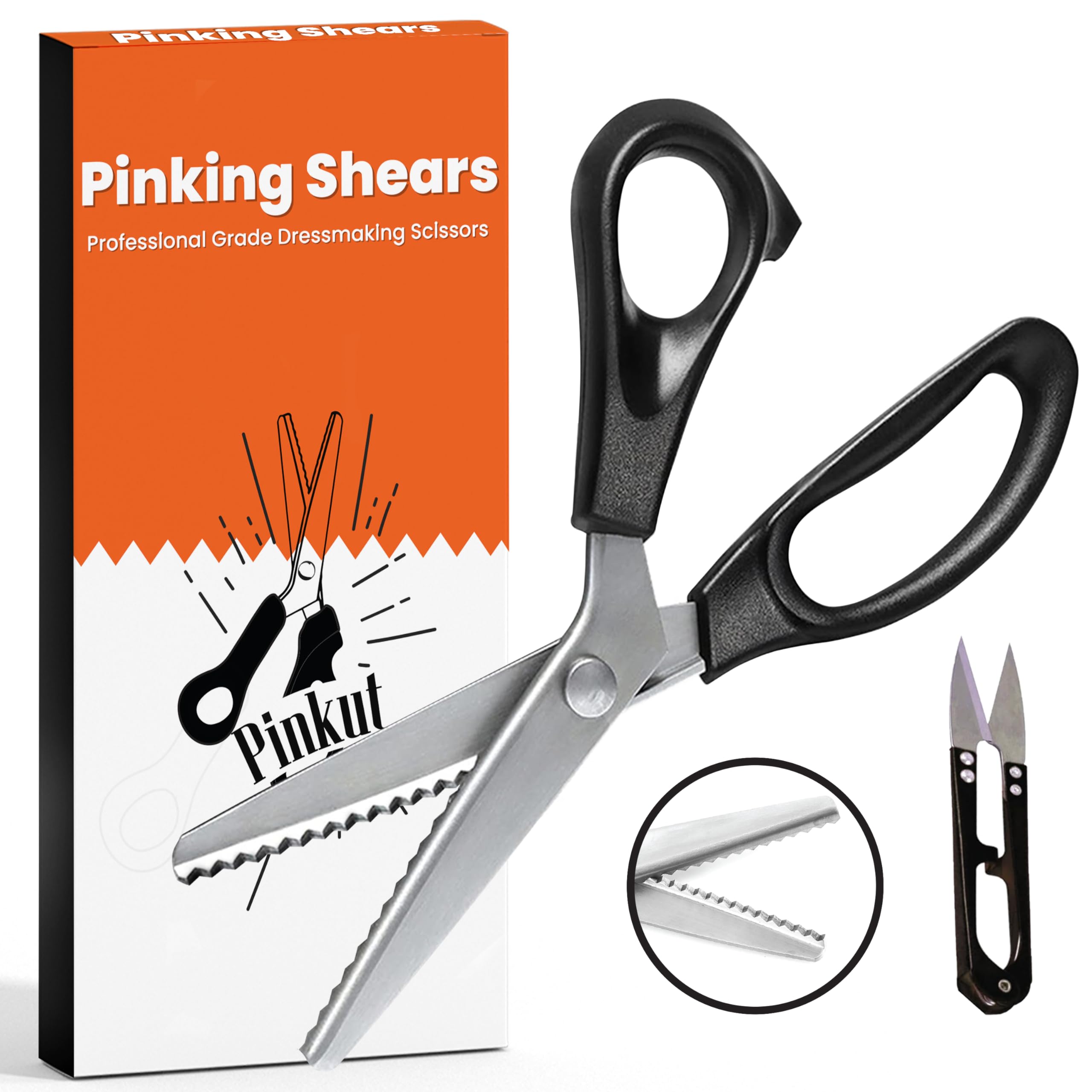 Pinking Shears for Fabric Cutting with Comfortable Handles - Serrated Scissors - Sharp Stainless Steel - 9 inch Zig Zag Scissors for Dressmaking, Sewing, Paper & Crafting with Thread Cutter