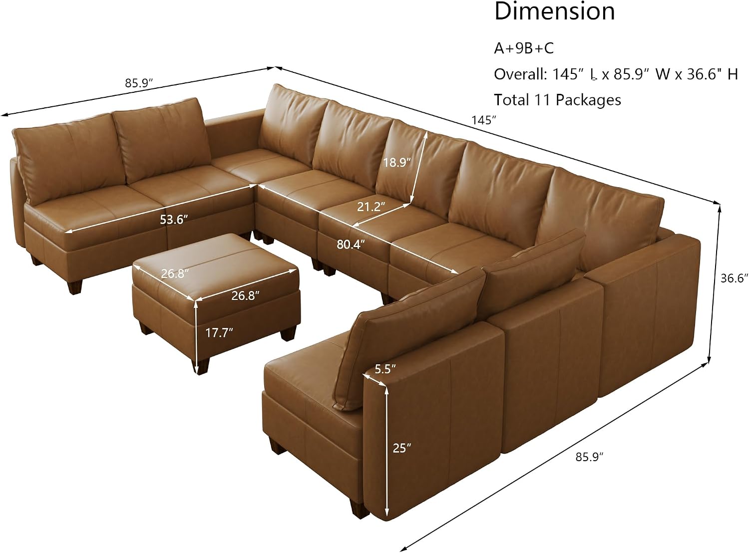 EASE MOOSE Faux Leather Sectional Sofa, Faux Leather Modular Sectional Sofa Couch U Shaped Couch with Storage Ottoman, Brown