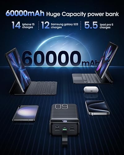 Miniatura 2 de Cargador portátil de 60000 mAh, batería externa de carga rápida de 22.5 W, pantalla LED, cargador de teléfono celular portátil USB C para iPhone