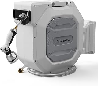 HOZEREEL 5/8" x 100 ft Heavy Duty Retractable Garden Hose Reel - Wall Mount Self-Retract, 10-Pattern Nozzle, UV-Stable Grey