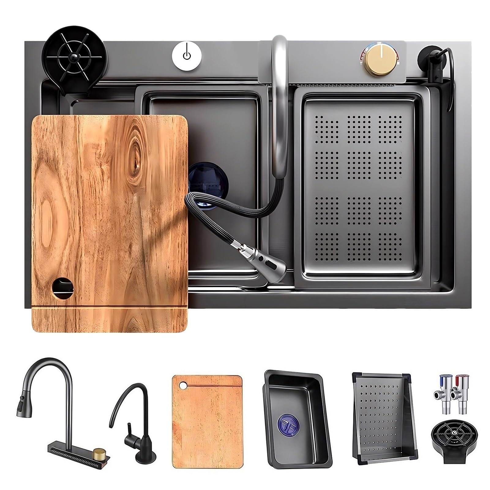 ZQFHSX Gold Waterfall Kitchen Bar Sink with Pull-Out Faucet, Small Basin, Cup Washer & Drain Kits, Stainless Steel Workstation Sink, Nano Coated Single Bowl Farmhouse Sink(Black,75x45x21cm)