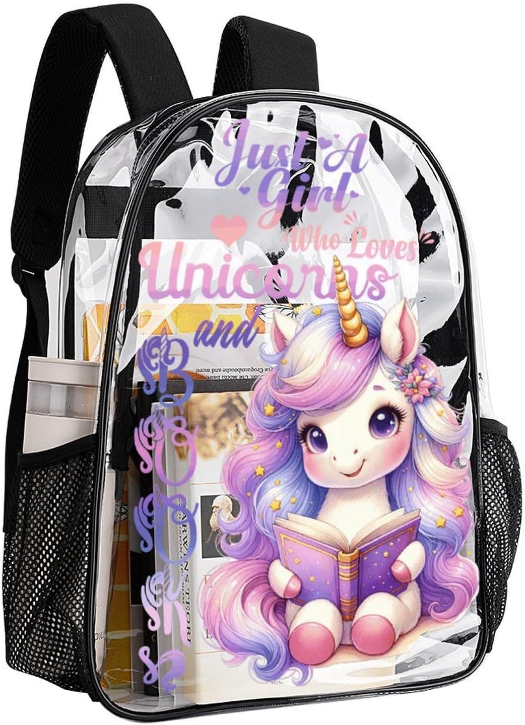 Unicorn Clear Backpack Heavy Duty for Girls Kids Boys Women Men - Large Cute PVC Unicorns Theme Printing Transparent Backpacks for Schools Stadium Concerts Work - Clear/Black