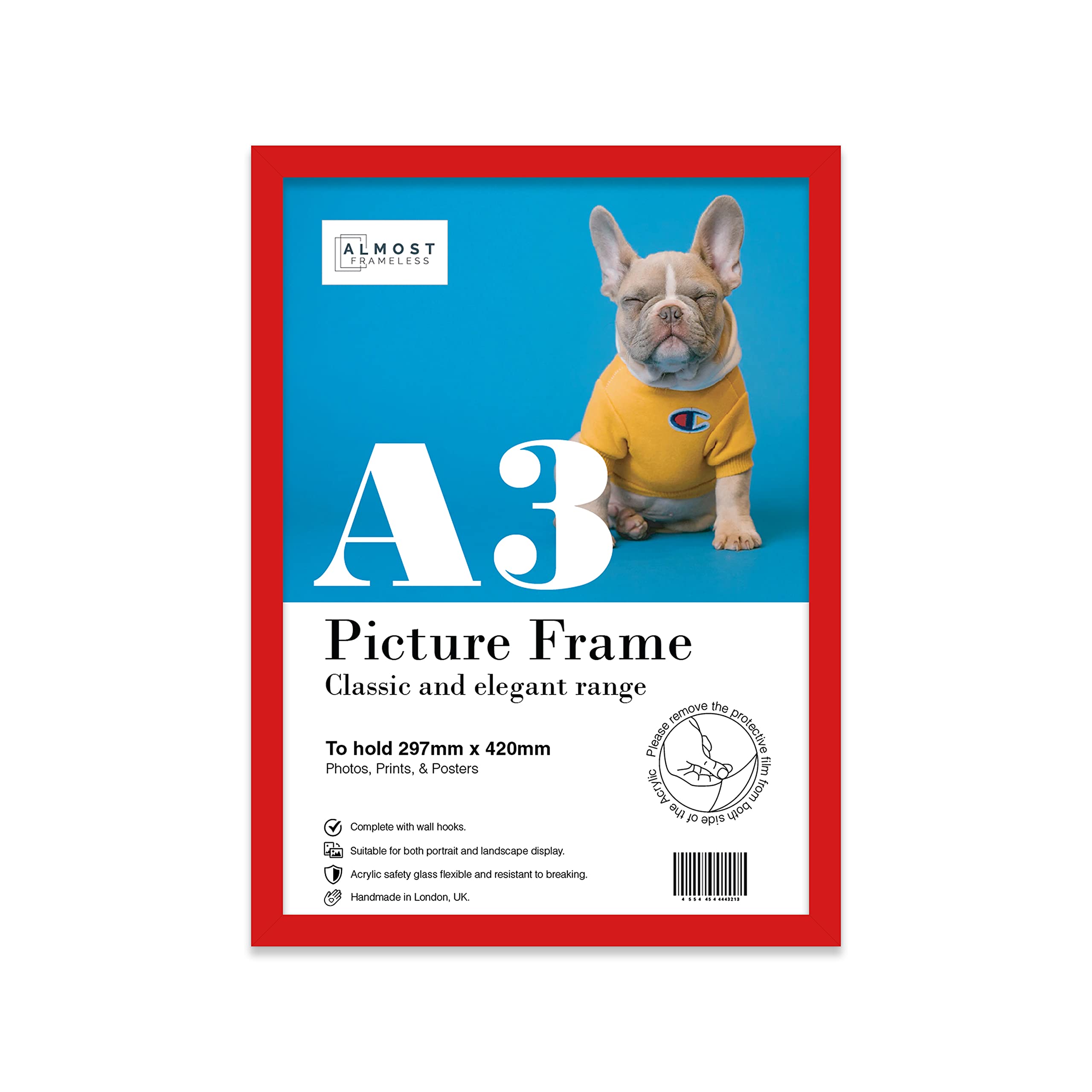 Almost Frameless A3 Red Picture Frame, Fits A3 (29.7 x 42cm - 11.7 x 16.5in) Poster, Photo, or Print. Portrait and Horizontal Wall Hooks