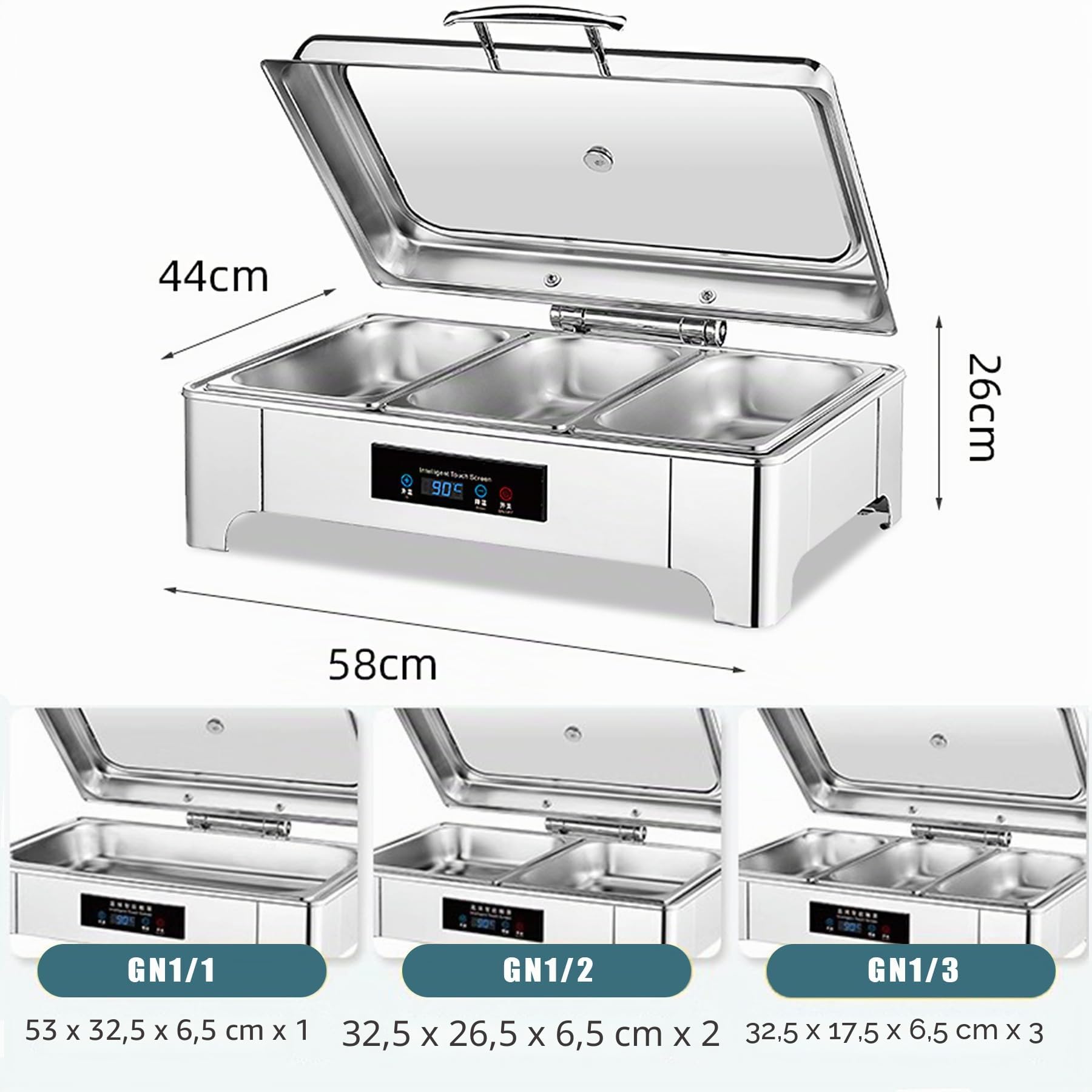 Chafing Dish Electrico, 9L Calentador de Buffet in Acero Inoxidable | Calentador de Comida Electrico con Controles Táctiles y Tapa de Cristal para Buffet y Fiestas, Temperatura Regulable