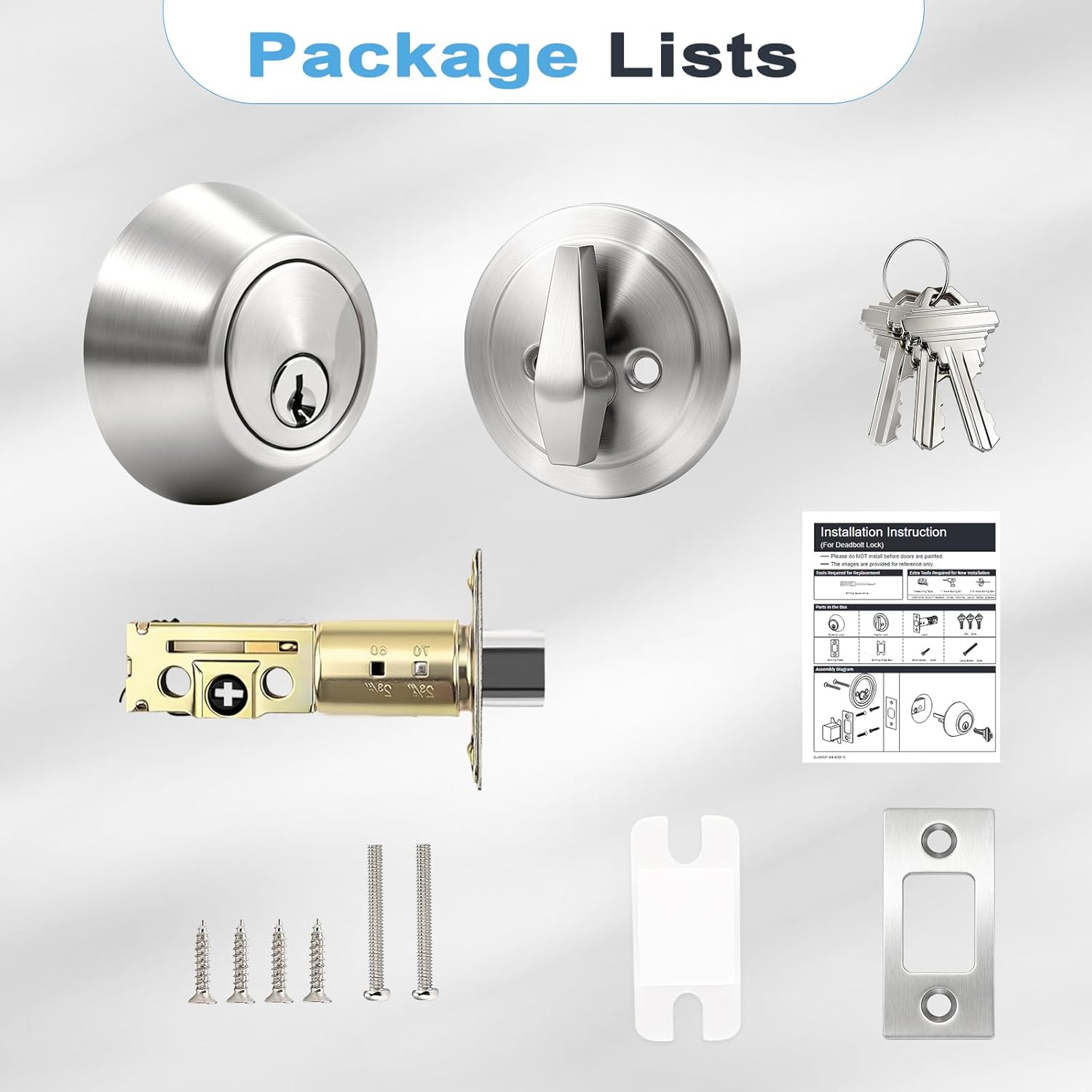 2 Pack Satin Nickel Single Cylinder Deadbolt Lock Set, Keyed One Side Door Lock for Exterior and Interior Door, All Keyed Alike