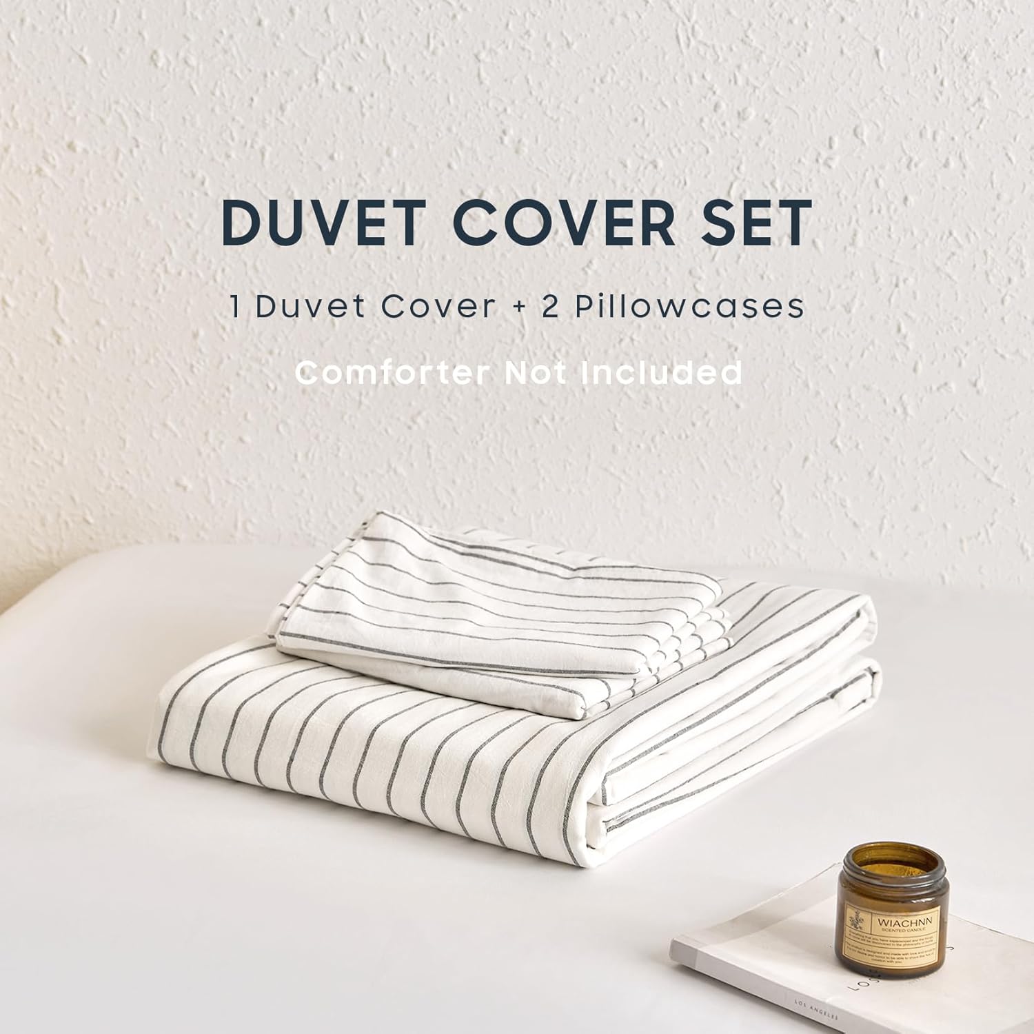 Wake In Cloud - Striped Cotton Duvet Cover Set, Ticking Stripe Vertical Pinstripe Farmhouse, 100% Washed Cotton Textured Bedding Set, 3 Pieces, White, Queen Size
