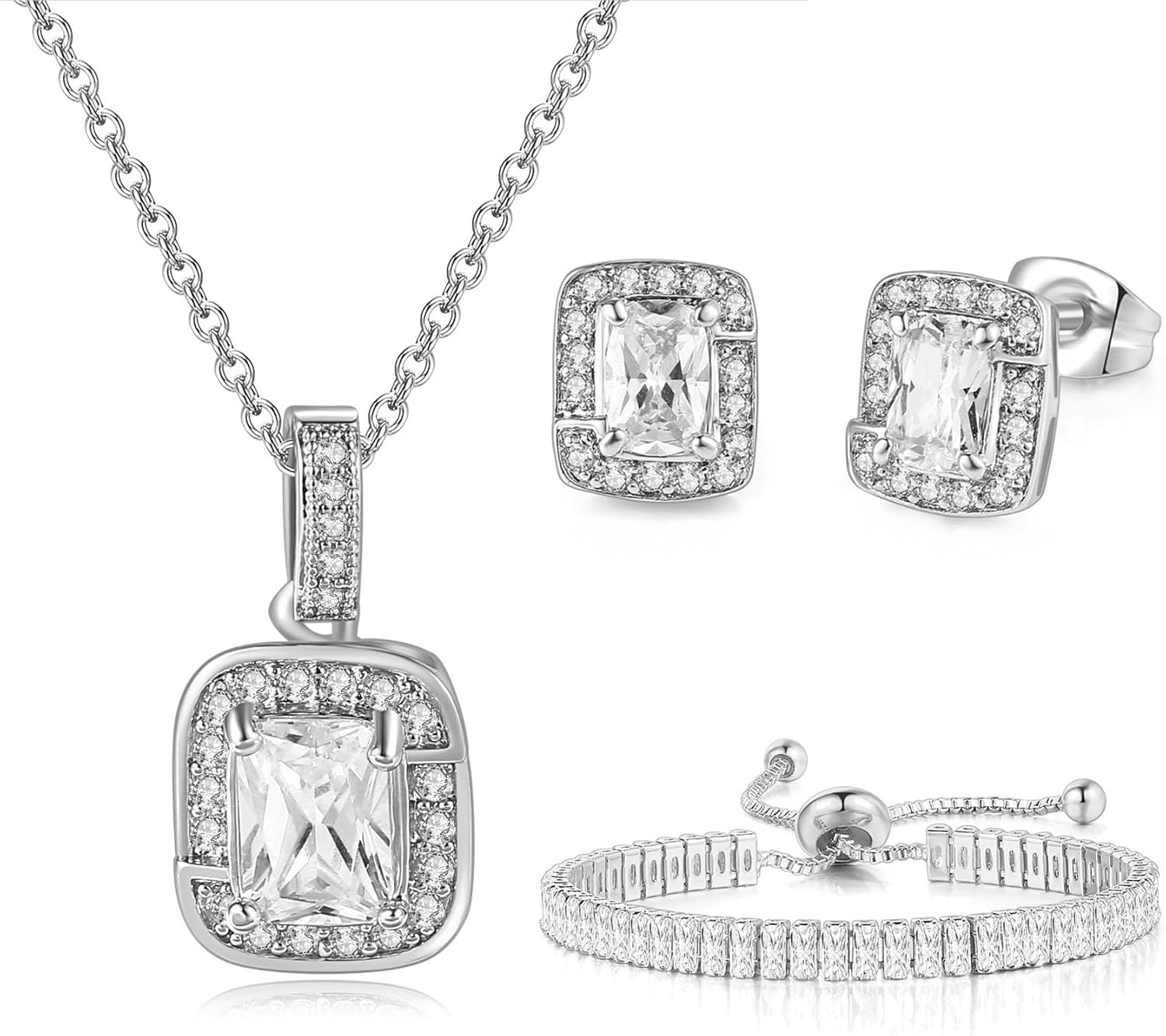 Jewelry Set for Women 3 Pcs Elegant Square Cubic Bracelet Earrings and Necklace Set with Cubic Zirconia Bridesmaid Jewelry Accessories for Wedding Birthday Party