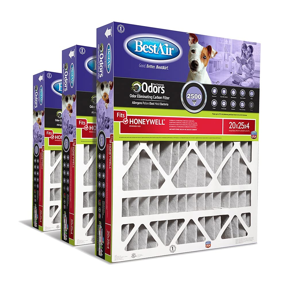 BestAir PFHW2025-11CR AC Furnace Air Filter, 20" x 25" x 4", MERV 11, Removes Allergens & Contaminants, Carbon Infused to Eliminate Odor, Fits 100%, For Honeywell Models, Pack of 3