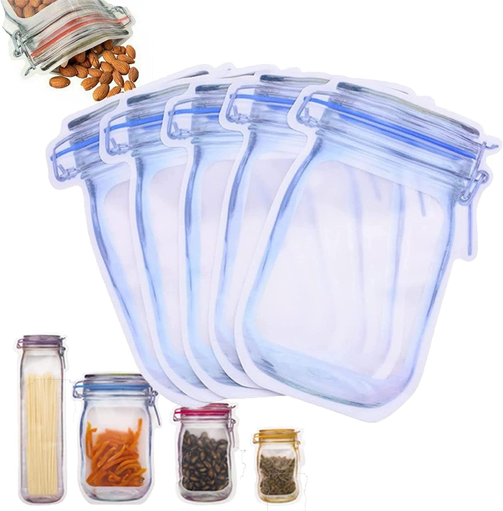 Reusable Mason Bottle Ziplock Bags, Airtight Seal, Leak Proof Food Storage Snack Saver Pouches, Stand Up Container Retail Package (L-5pcs)
