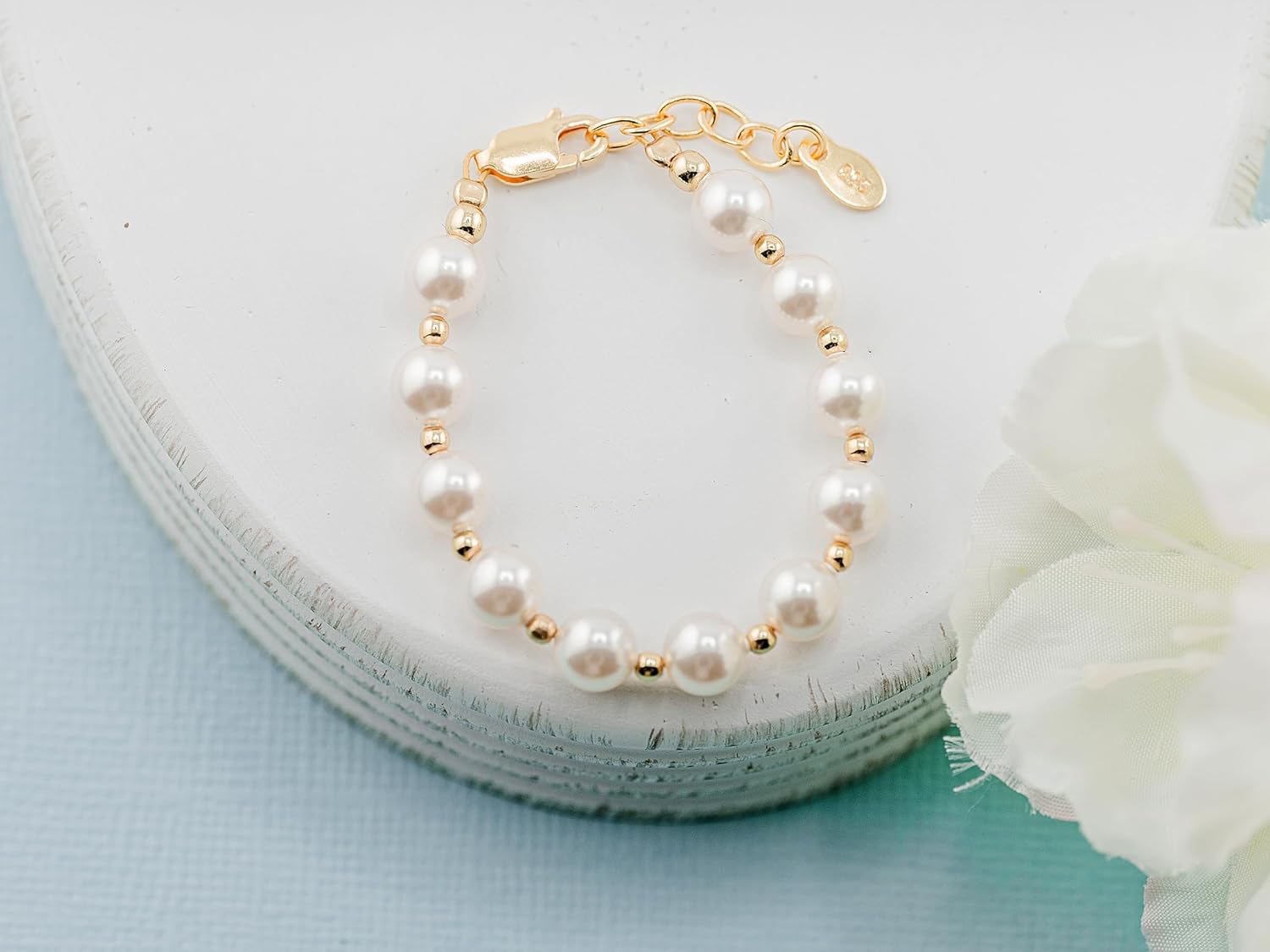 Cherished Moments 14K Gold Plated and 925 Sterling Silver Bracelet with Chunky Simulated Pearls for Babies and Little Girls - Image 3