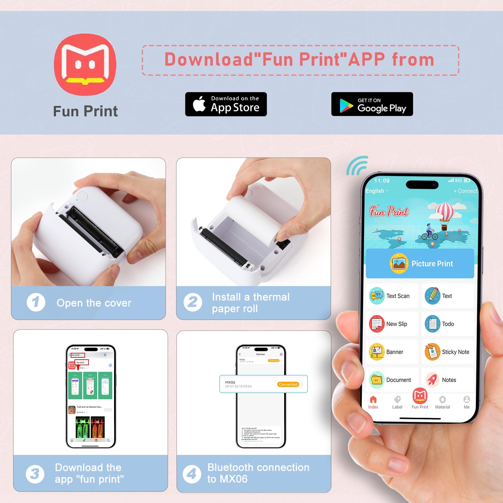 Mini stampante termica portatile Bluetooth tascabile con 10 rotoli di carta per diario/album fai da te/viaggio/appunti/elenchi/etichette/promemoria, stampante per ricevute per bambini, donne