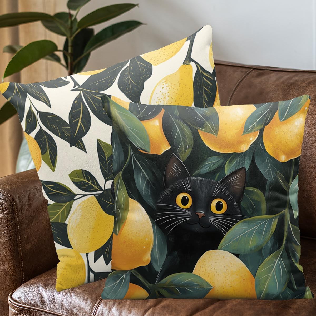 Lemon Cat Throw Pillow Covers 18x18 Set of 4 Boho Cute Black Cat Fruit Cartoon Decorative Throw Pillow Cases Holiday Decorations for Sofa Couch Farmhouse Home image 4