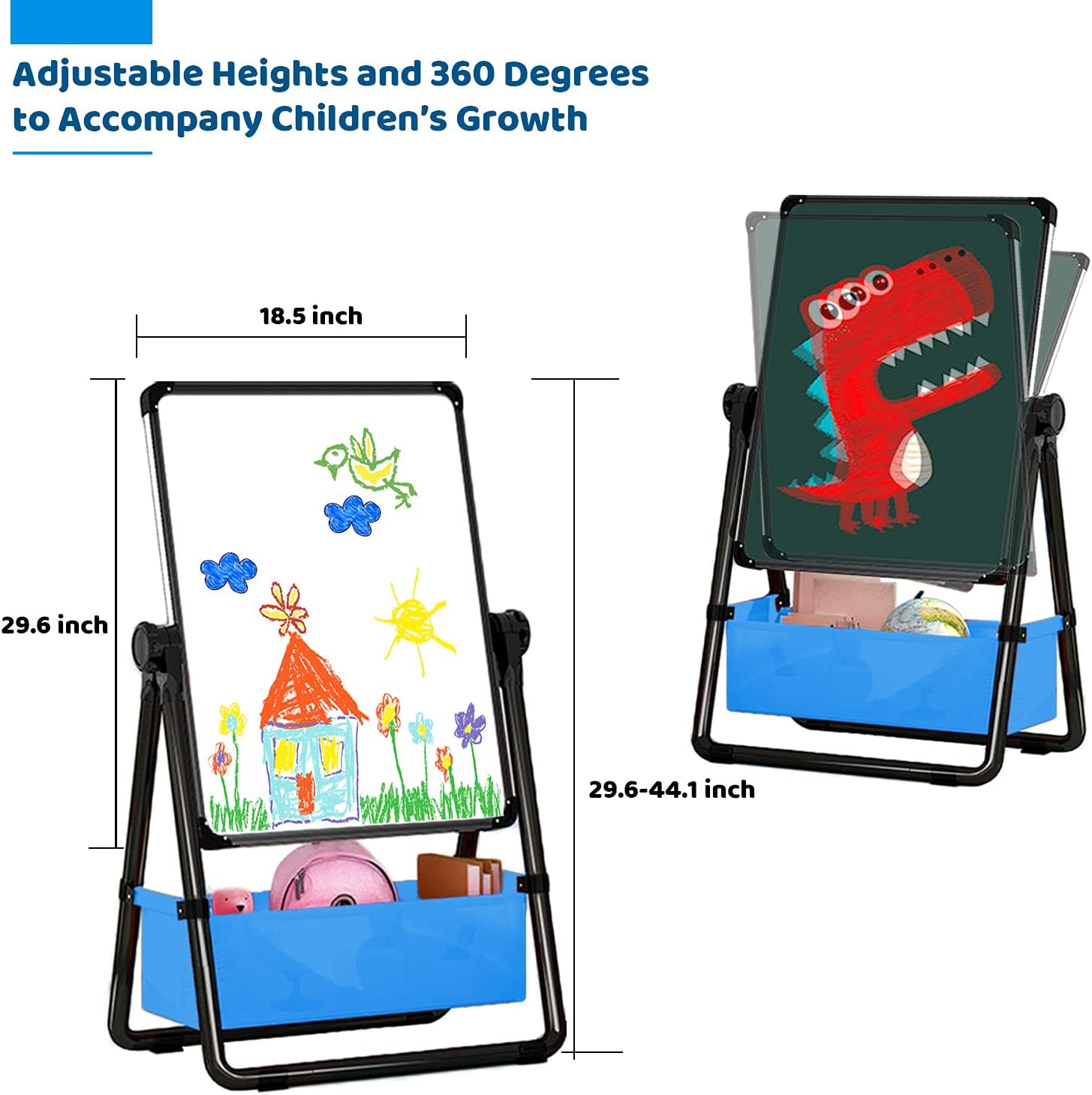 Art Easel for Kids Double Sided Easel Designed with Height Adjustable Function & Large Storage Bag Whiteboard & Chalkboard 360°Rotating Drawing Easels for Kids (26inch-43inch) (Black-01)