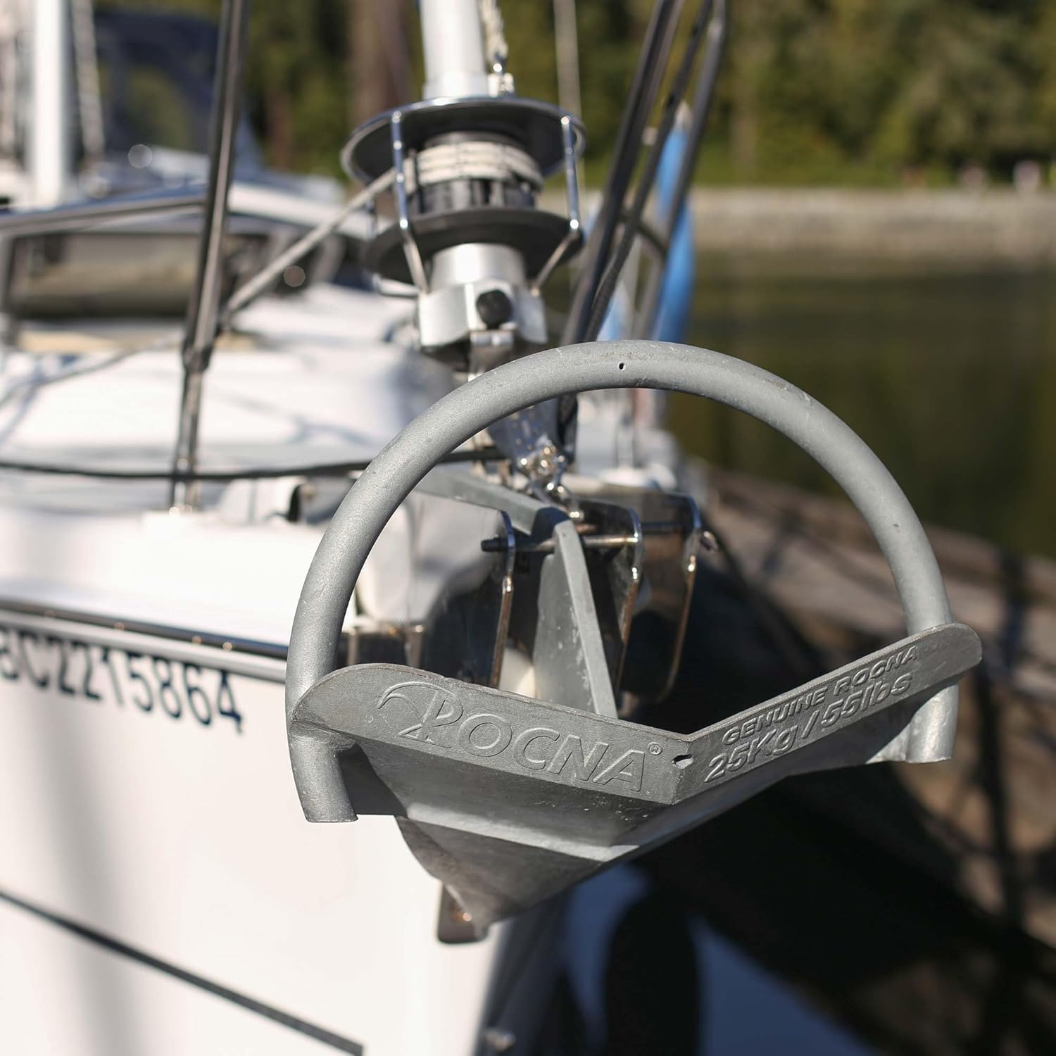 Rocna ROCORG010GS 10 kg Galvanized Anchor installed on a boat's bow roller