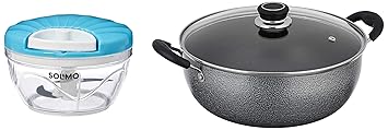 Amazon Brand - Solimo Kadhai, Aluminium, Black & Solimo Plastic 500 ml Large Vegetable Chopper, Blue & Solimo Induction Bottom Dutch Oven (24cm, 5 litres)