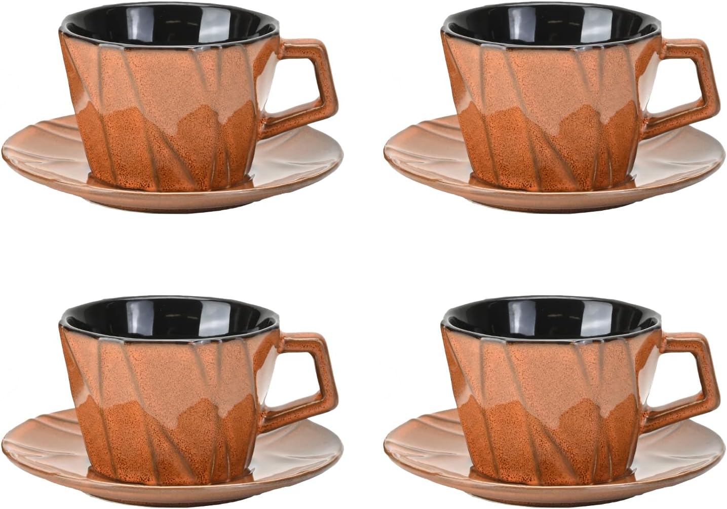 Ceramic Espresso Cups with Saucers 6 oz,Coffe Cups for Cappuccino,Latte,Tea with Saucers Set of 4 - Geometry - Brown