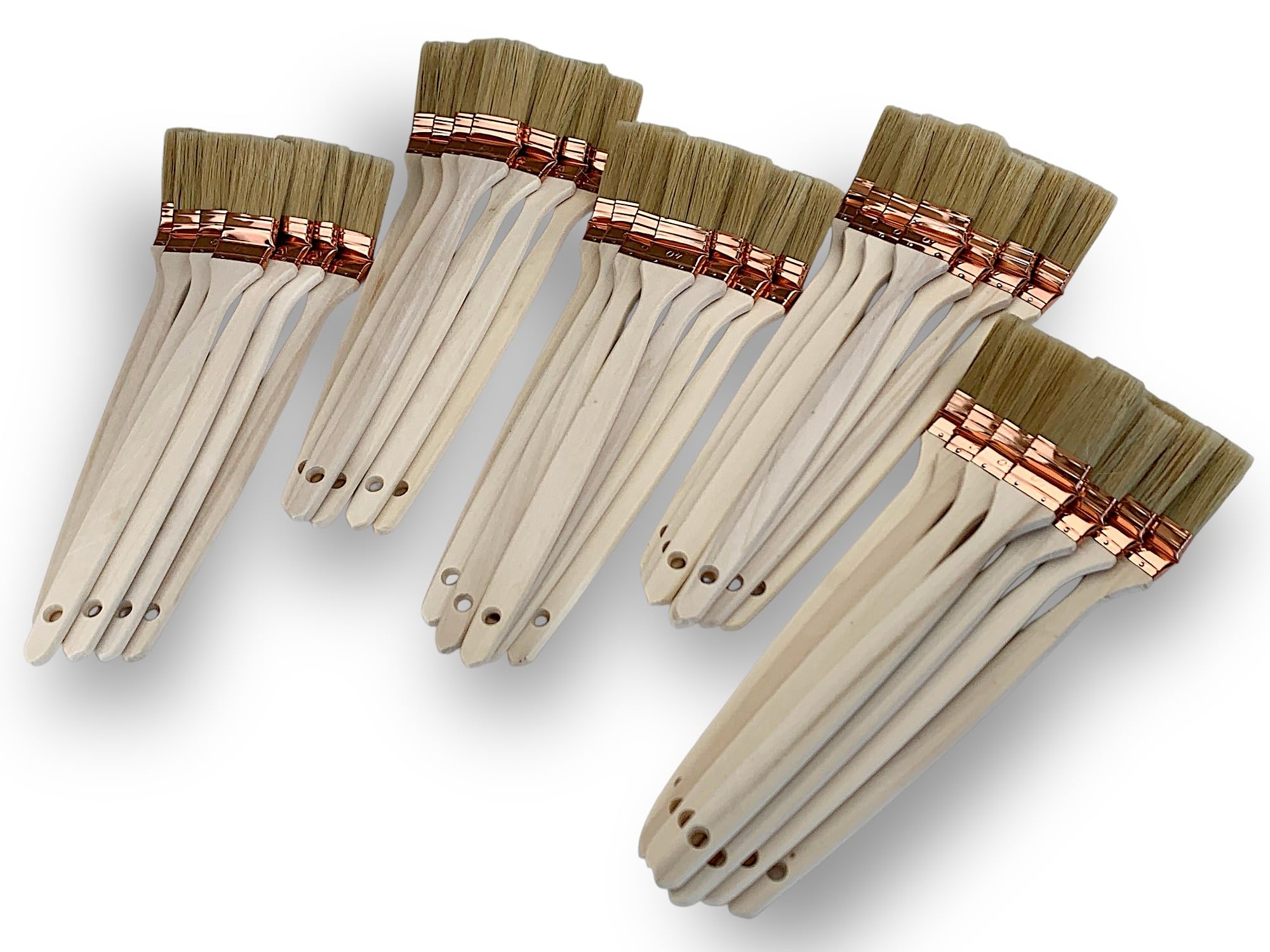 Kibros Lot 50 pinceaux radiateur Plat tête coudée Soie Blanche 40 mm | Soie blanche, virole cuivrée, manche bois, tête coudée pour atteindre corps de chauffe et radiateurs difficiles.