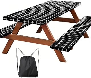 Picnic Table Cover with Bench Covers, Waterproof Tablecloth Set, Black Grid
