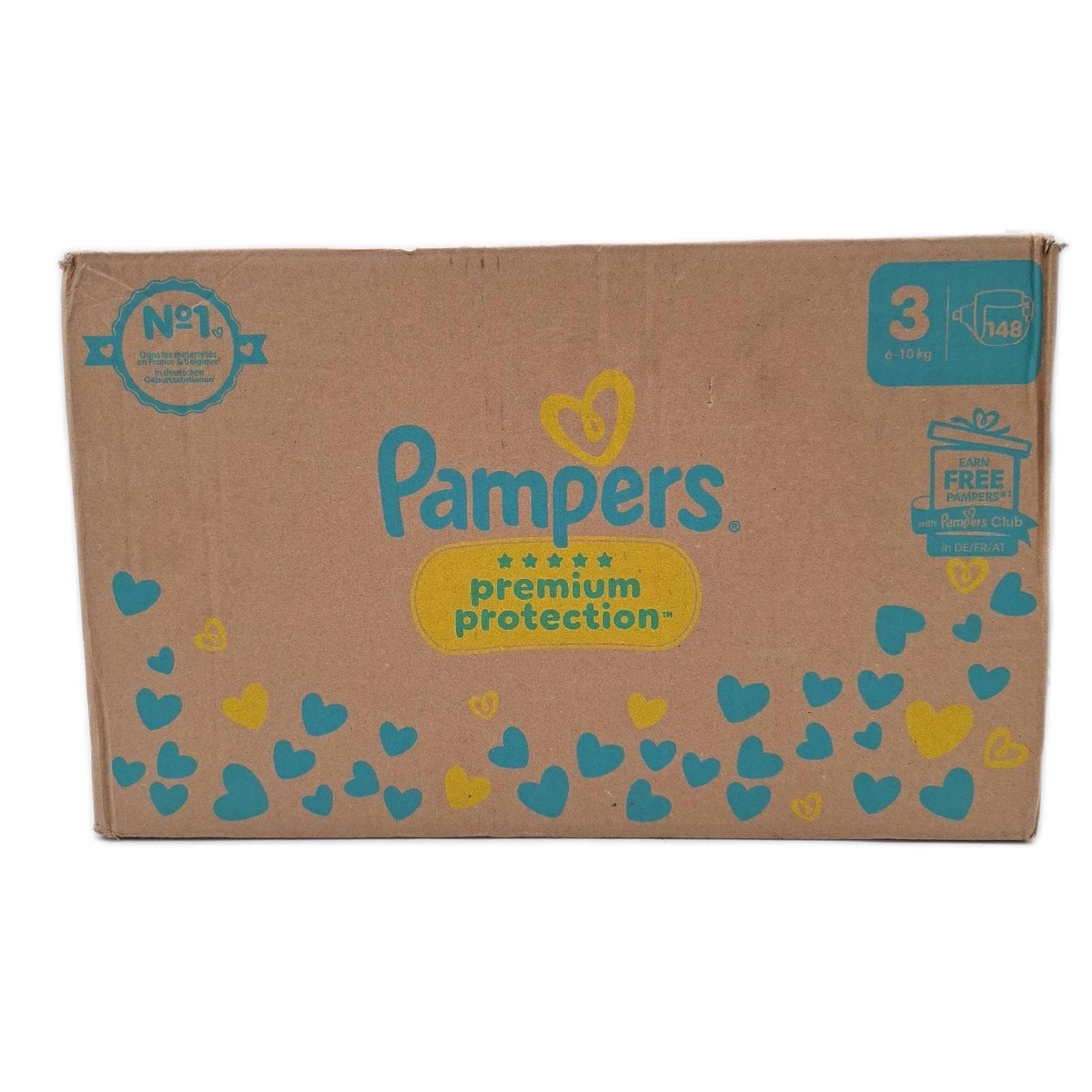 Pampers Premium Protection Größe 3, 148 Windeln, 6 – 10 kg, doppelter Schutz für Haut und gegen Lecks + 10 Tücher Harmonie Aqua gratis