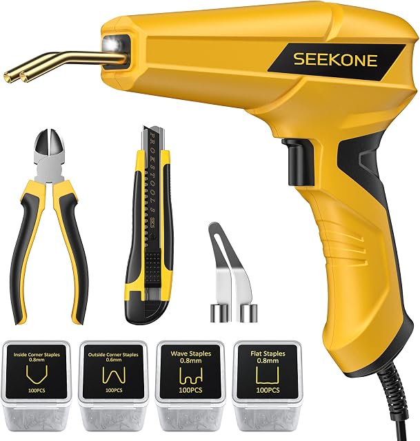 100W Plastic Welding Machine Car Bumper Repair Kit, SEEKONE 3s Quick Heating Plastic Repair Welder Kit with 400Pcs 4 Types Staples, Pliers, Knife, for Bumper/Kayak/Plastic Products Repair