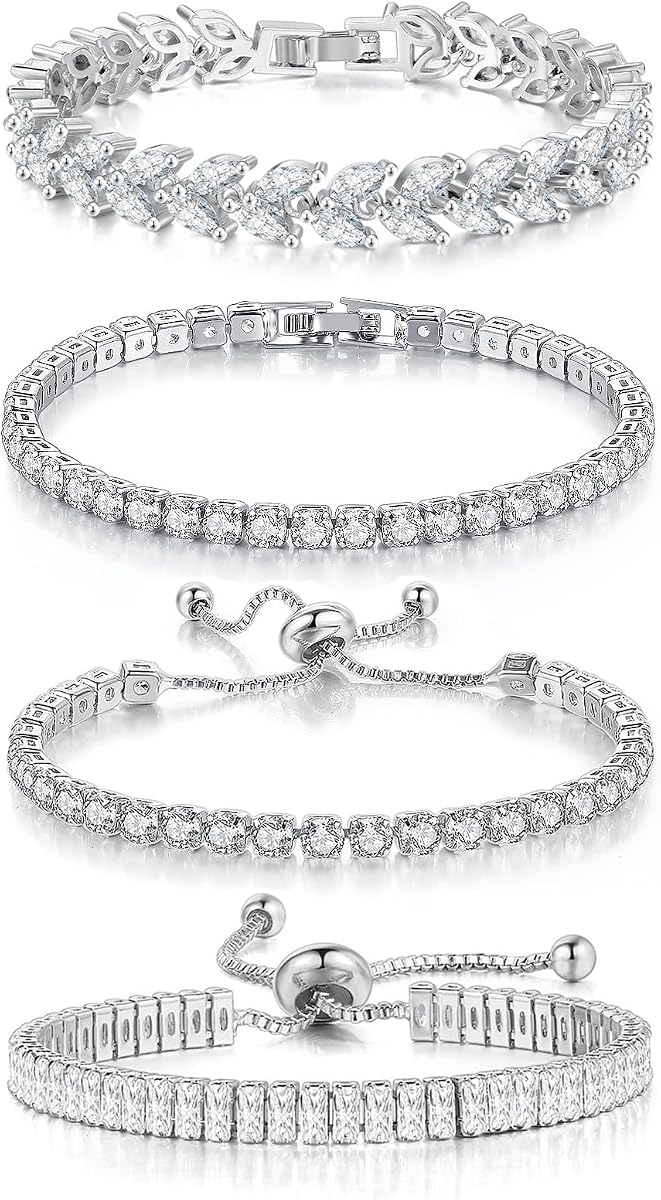 4 Pcs Tennis Bracelet Set Silver Plated Marquise Cubic Zirconia CZ Diamond Dainty Adjustable Silver Bracelets for Women Brides Stackable Fashion Jewelry Wedding Prom Gift