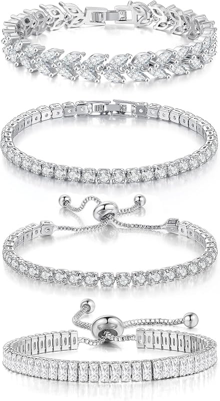 4 Pcs Tennis Bracelet Set Silver Plated Marquise Cubic Zirconia CZ Diamond Dainty Adjustable Silver Bracelets for Women Brides Stackable Fashion Jewelry Wedding Prom Gift