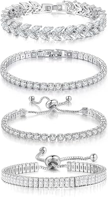4 Pcs Tennis Bracelet Set Silver Plated Marquise Cubic Zirconia CZ Diamond Dainty Adjustable Silver Bracelets for Women Brides Stackable Fashion Jewelry Wedding Prom Gift
