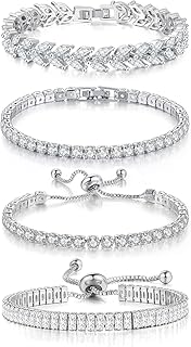 4 Pcs Tennis Bracelet Set Silver Plated Marquise Cubic Zirconia CZ Diamond Dainty Adjustable Silver Bracelets for Women Brides Stackable Fashion Jewelry Wedding Prom Gift