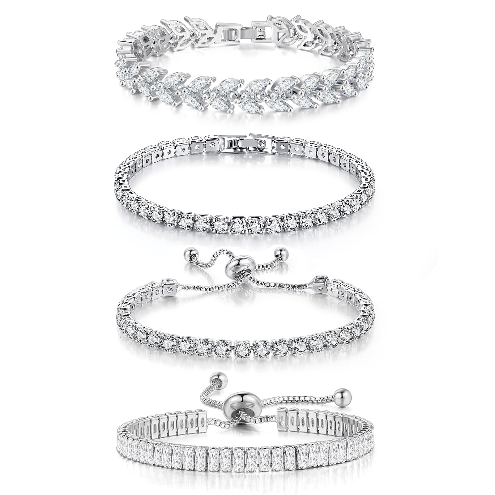 YOYUNLUO 4 Pcs Tennis Bracelet Set Silver Plated Marquise Cubic Zirconia CZ Diamond Dainty Adjustable Silver Bracelets for Women Brides Stackable