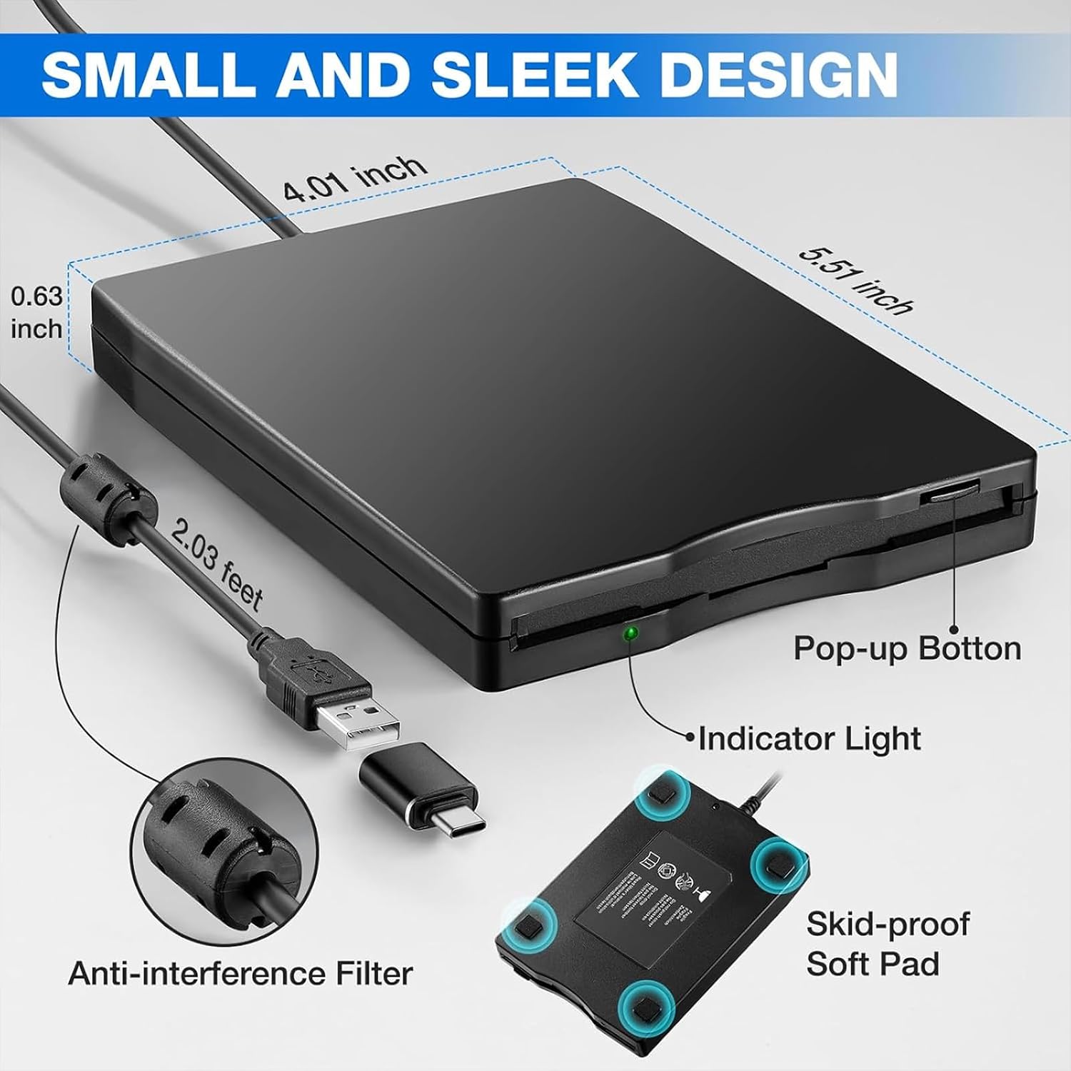 Flylin Floppy Disk Reader, 3.5 inch USB External Floppy Drive 1.44 MB FDD | Portable USB Port Powered Drive, for Window 98SE/ME/2000/XP/VISTA/Win7, Not Compatible with Mac, for PC/Laptop and Desktop