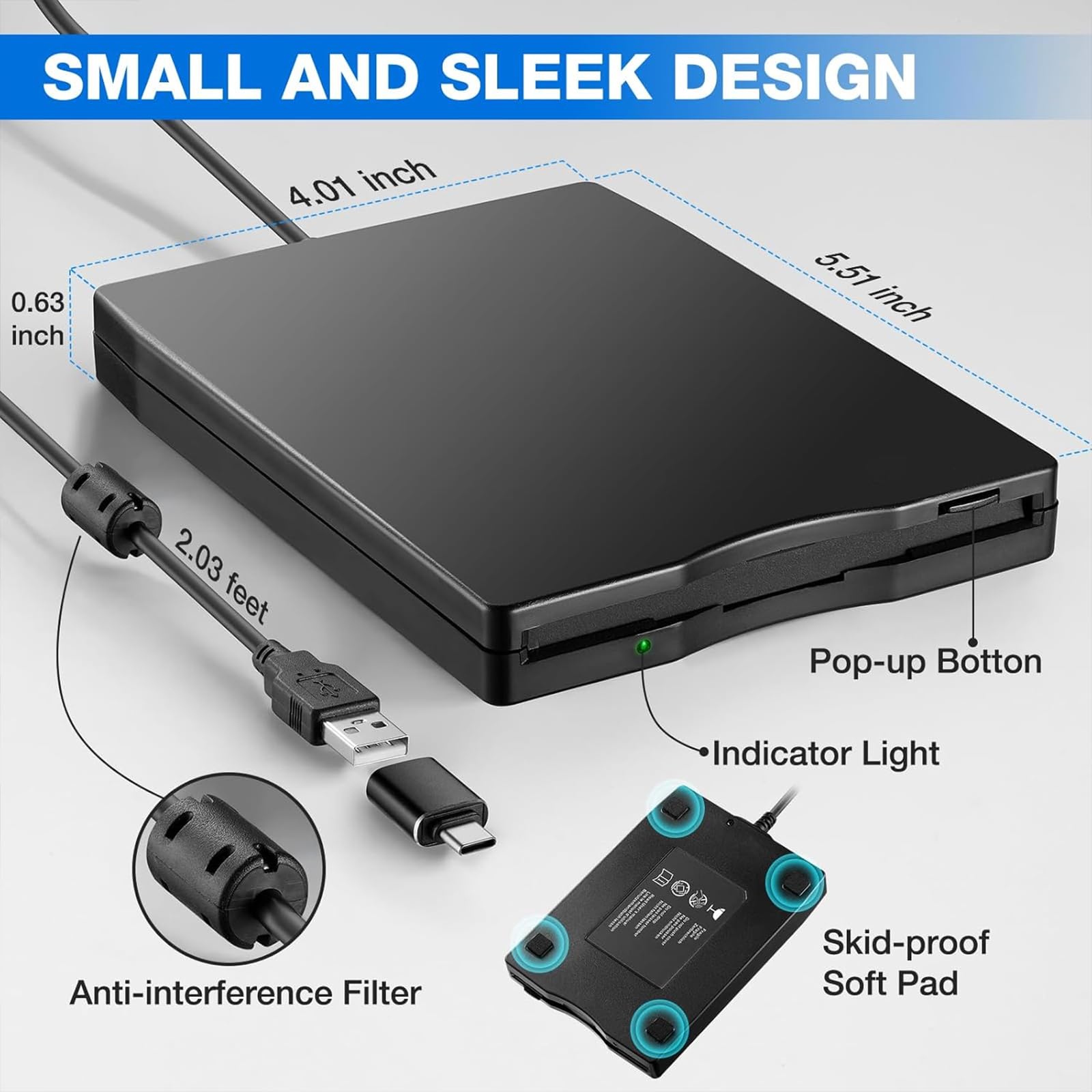 Lettore Floppy Esterno USB 3,5 Pollice Portatile, Unità Floppy Disk Drive Plug and Play per PC Mac Laptop e Notebook, Compatibile Windows 11 10 8 7 Vista XP