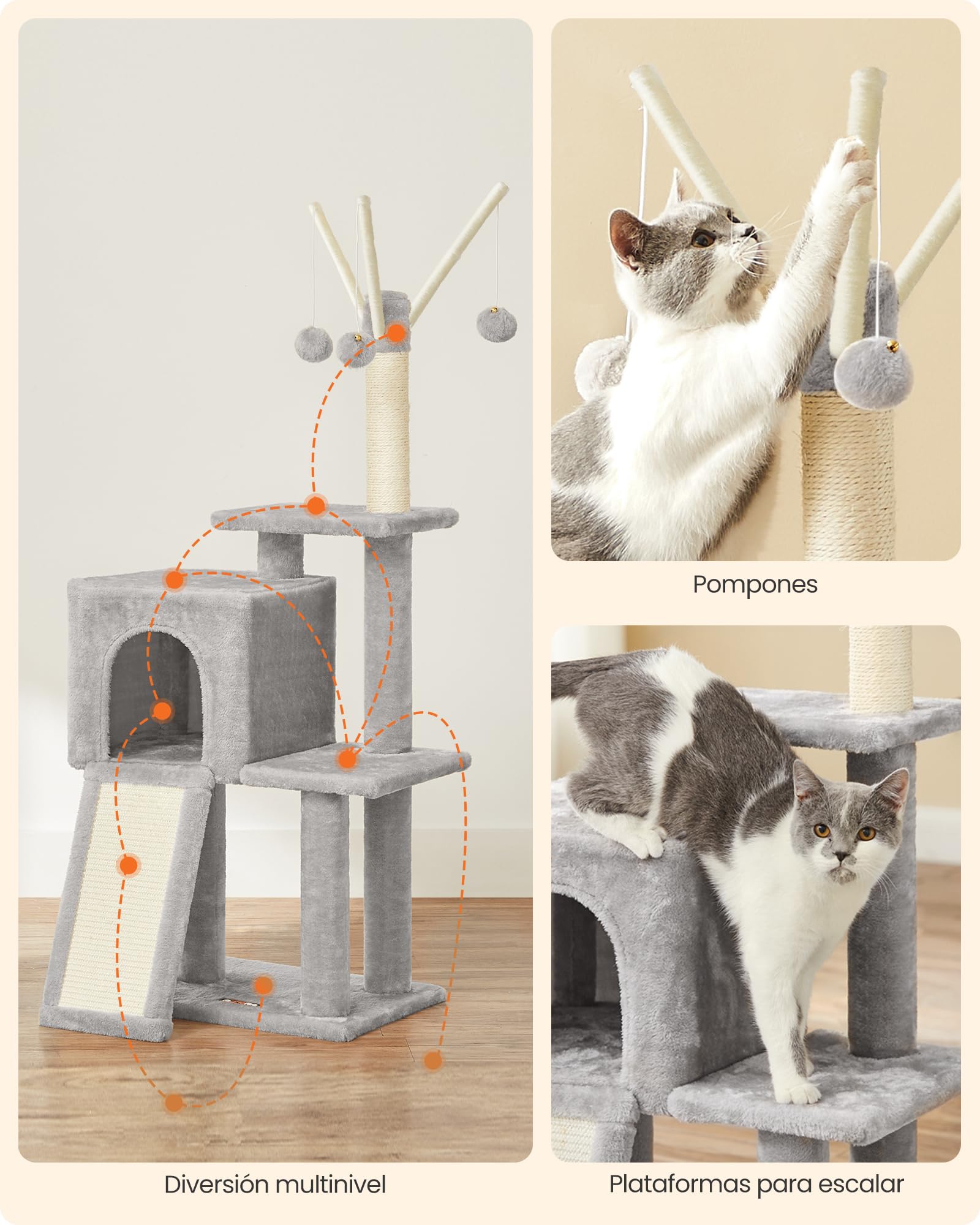 Feandrea Árbol de Gatos, Torre de Juegos, Gatito, Gris Claro PCT143W01