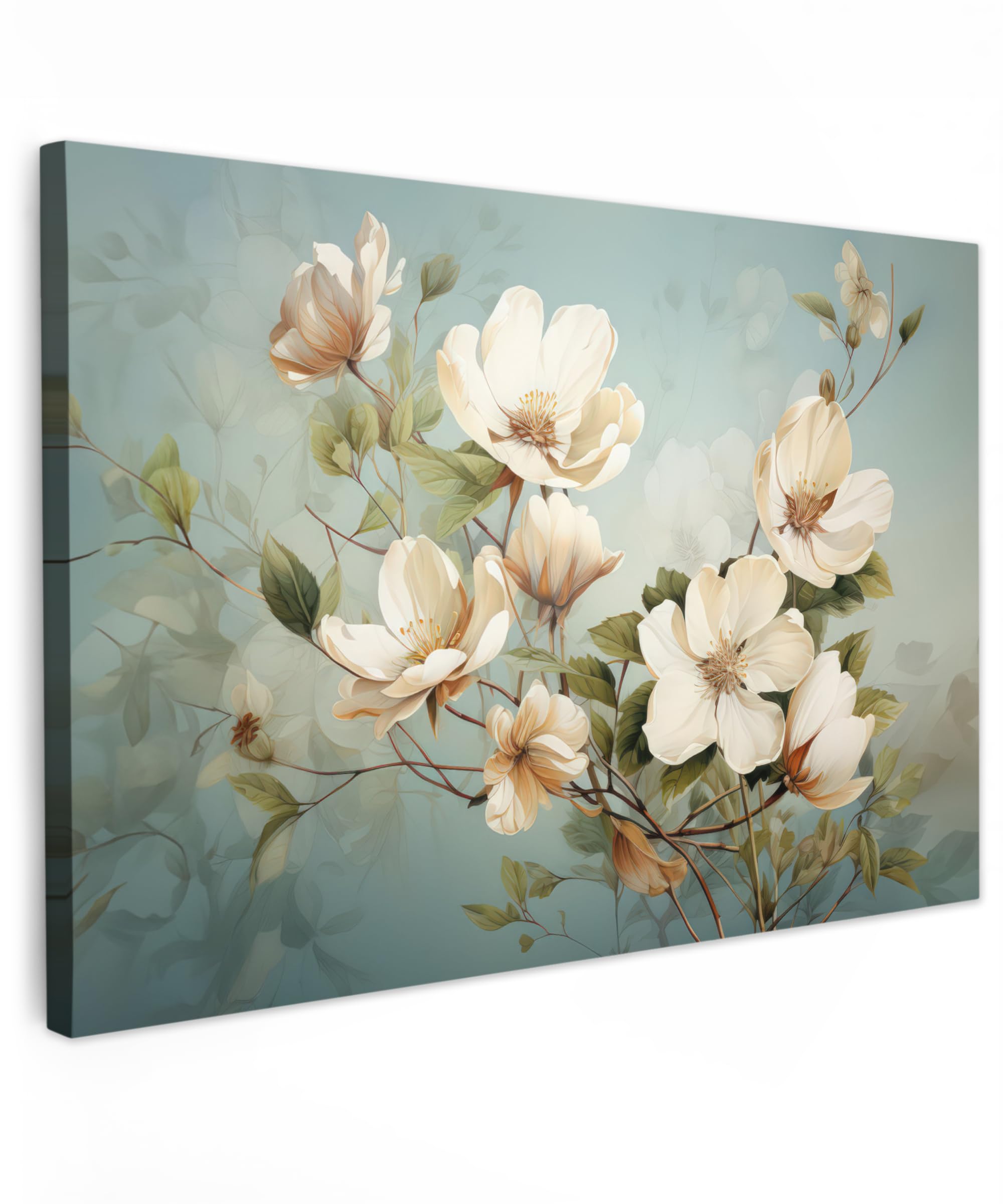 MuchoWow© Bilder 60x40 cm Wohnzimmer Deko Modern Wandbild Foto auf Leinwand Bild Schlafzimmer Room Decor Geschenke Vintage - Blumen - Weiß - Zweige - Natur