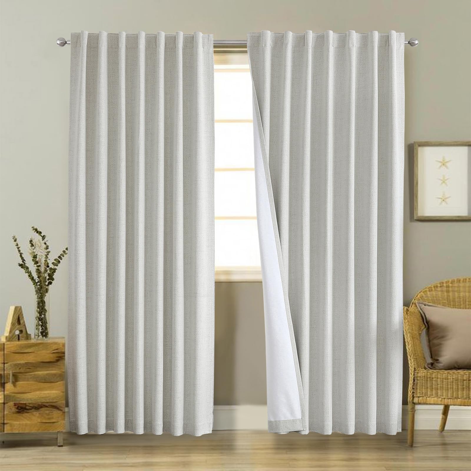 Joydeco Linen Blackout Curtains 96 inches Long 100% Blackout Drapes 95 inch Length 2 Panels Set for Bedroom Living Room Black Out Darkening Thermal Insulated Backtab RodPocket(52x96 inch GreyishWhite)