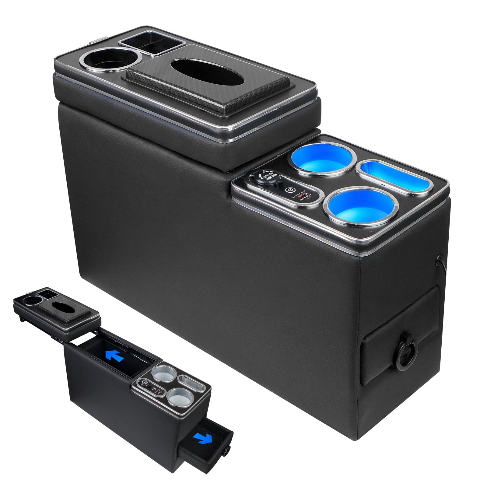 center console between seat organizer for minivans & suvs - tissue box, type-c & usb fast charge, 7-color ambient light, cup holders, middle van floor console storage box (black)