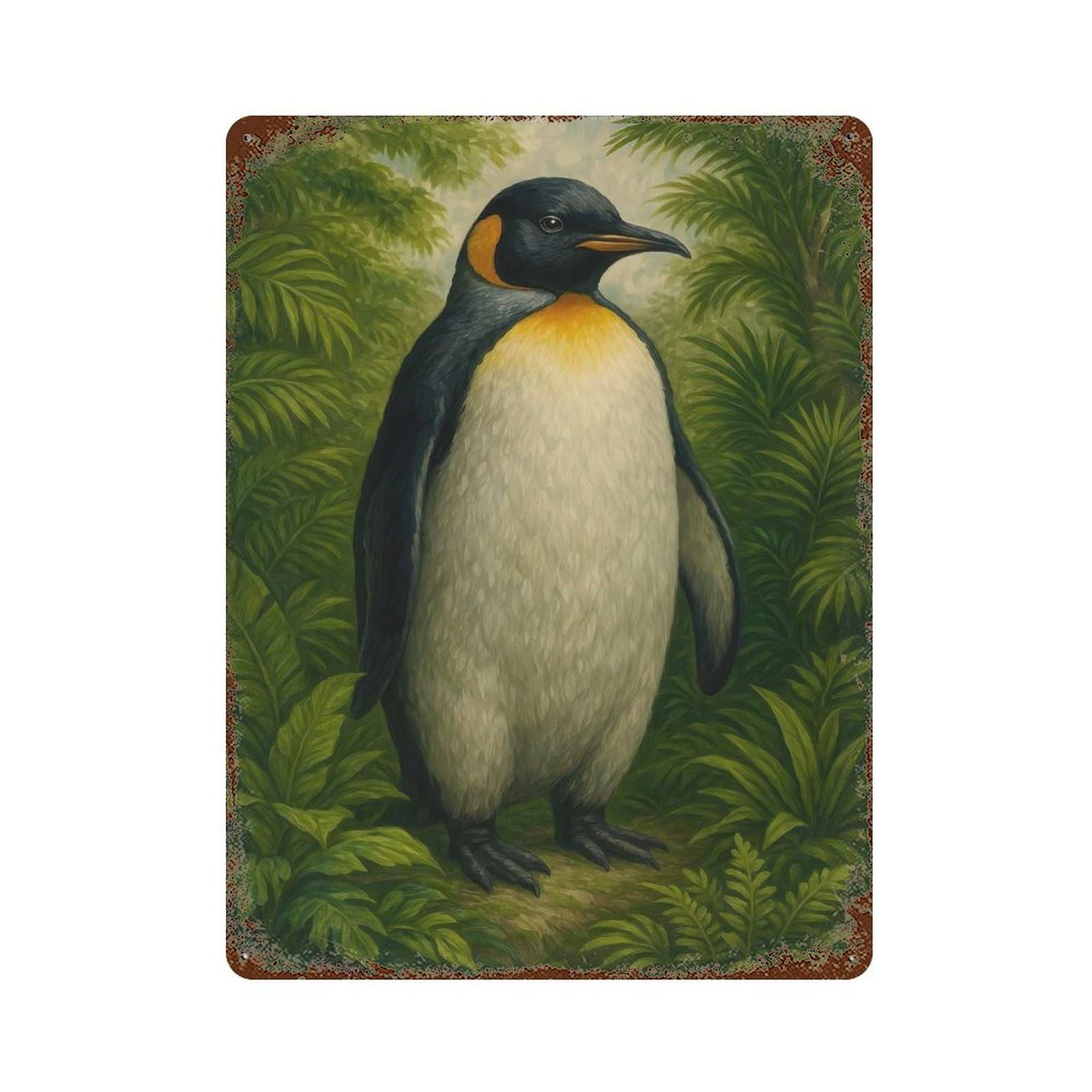 Penguin in Jungle Painting Rust Effect Tin Sign 15.7"x11.8", Vintage Wall Decor for Pub, Kitchen And Man Cave Decor