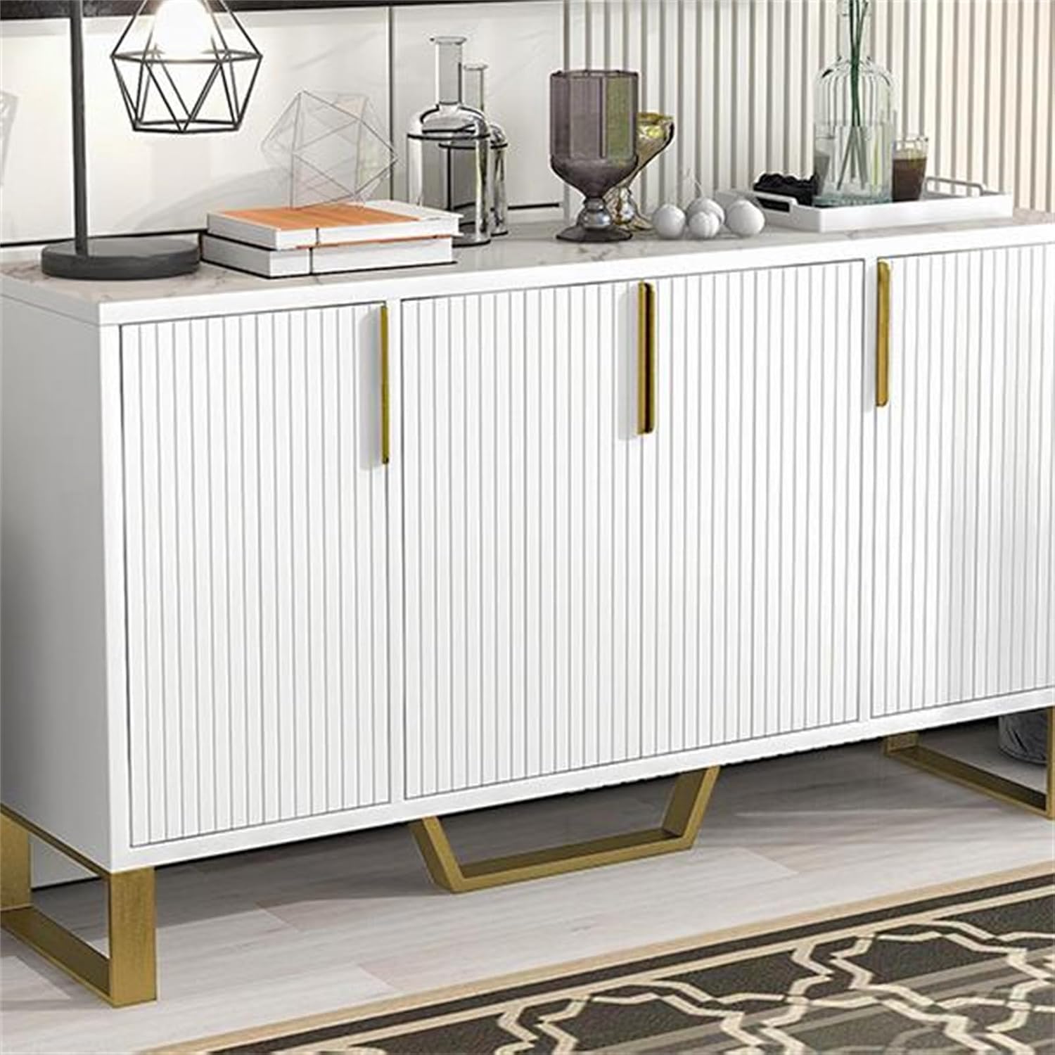 Modern Sideboard, Cabinet, Kitchen Cabinet Kitchen Storage Cabinet with Four Doors, Metal Handles and Legs and Adjustable Shelves Kitchen Cabinet (White)
