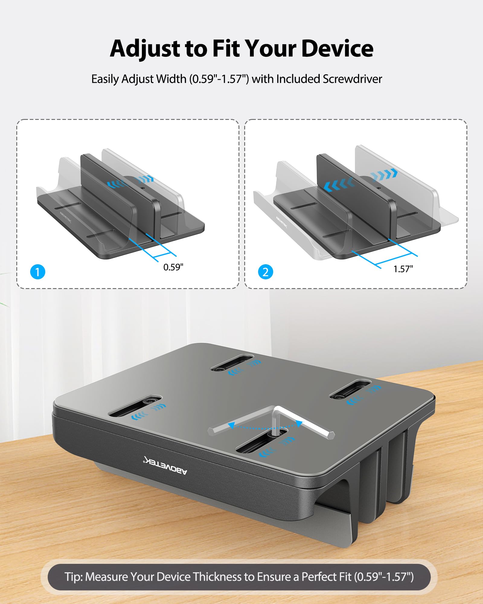 AboveTEK Pionowy stojak na laptopa, 3 przegródki na komputer, tablet, telefon - pasuje do wszystkich modeli laptopów (do 43.9 cm) - wytrzymały uchwyt biurkowy z polerowanego aluminium, antypoślizgowe