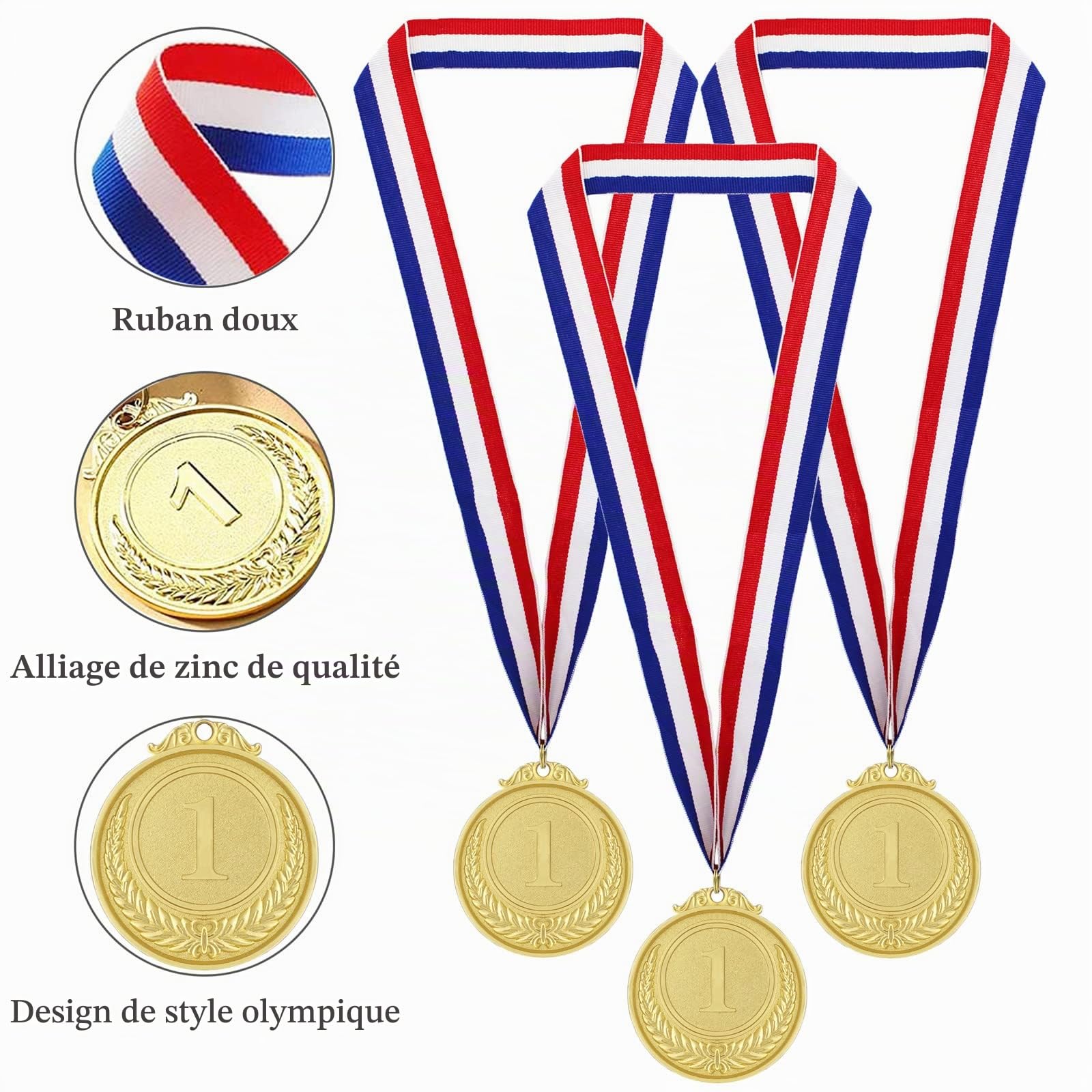 Médailles pour Enfants, 12 Pièces Médailles en MéTal Doré de Style Olympique avec Rubans, Prix de La JournéE Sportive, Compétitions de Jeux, Cadeaux pour Enfants Adultes