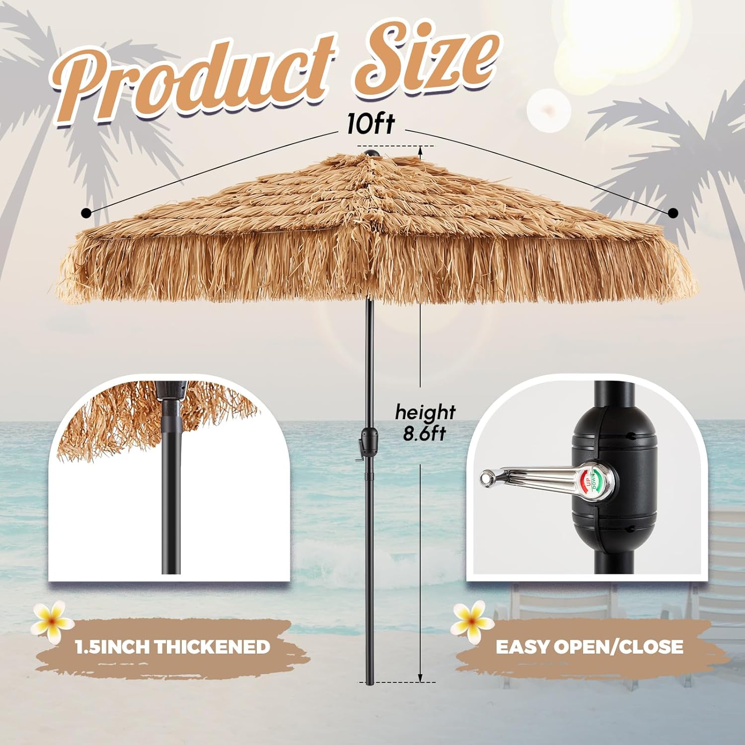 CroBlissful 10 ft Solar Tiki Umbrella with 32 LED Lights, Hula Thatched Patio Umbrella, UPF 50+, Hawaiian Style Beach Umbrellas for Garden, Beach, Pool, and Backyard