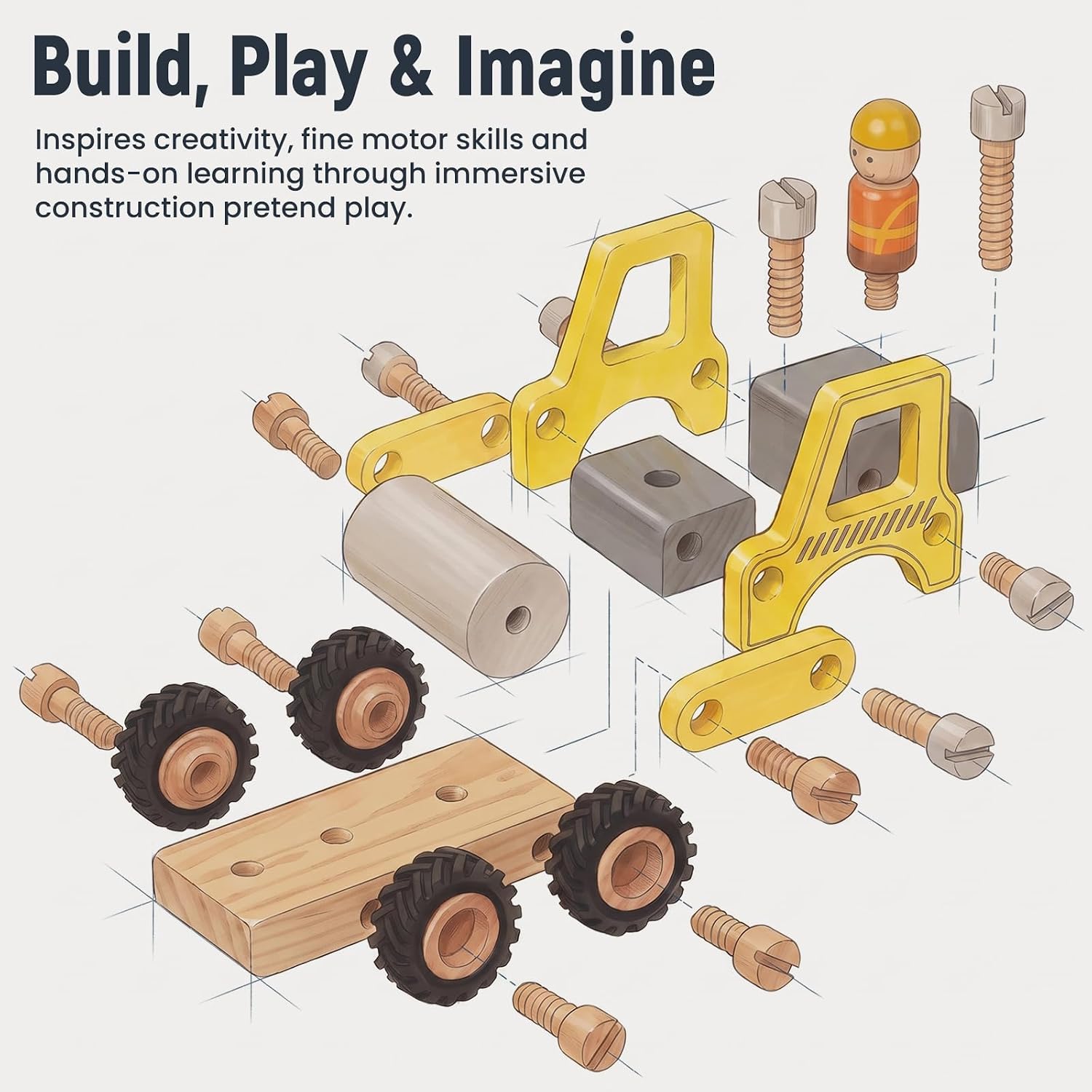 Wooden Toy Car for Toddlers, Bulldozer Road Roller Assembly Kit image 4