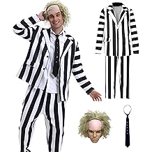 4 Pcs Black and White Stripe Suit with Wig - Adult Halloween Cosplay Outfits for Movie Role Play, Horror Theme Party
