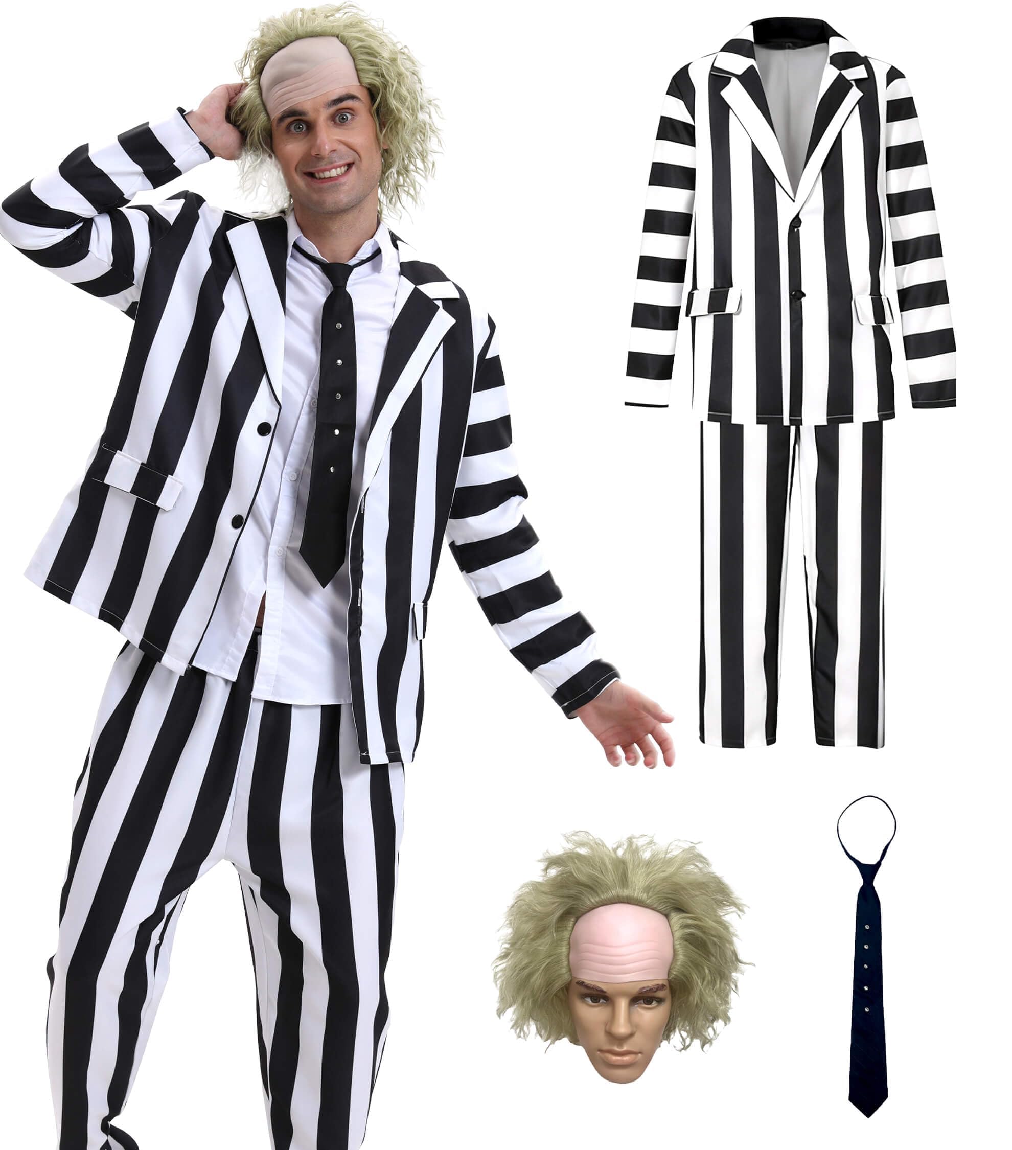 4 Pcs Black and White Stripe Suit with Wig