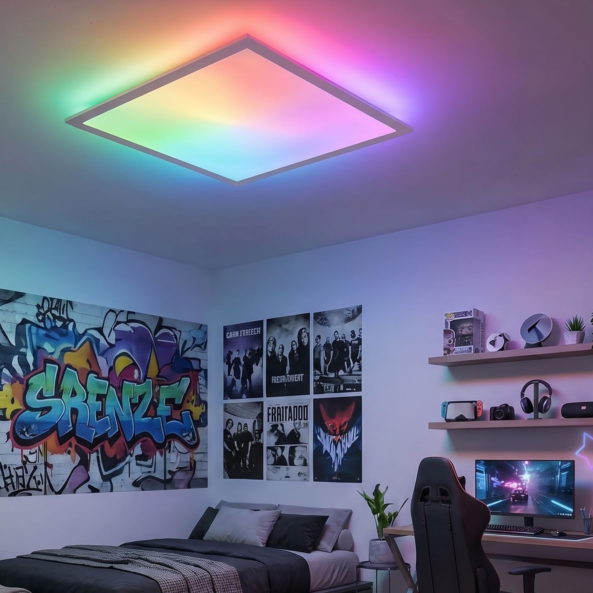 Maxkomfort LED RGB Deckenleuchte - Dimmbar, 3 Lichtfarben, RGB-Farbwechsel & Indirekte Beleuchtung - Modernes Panel für Wohnzimmer, Schlafzimmer, Büro - 45x45 cm - Weiß