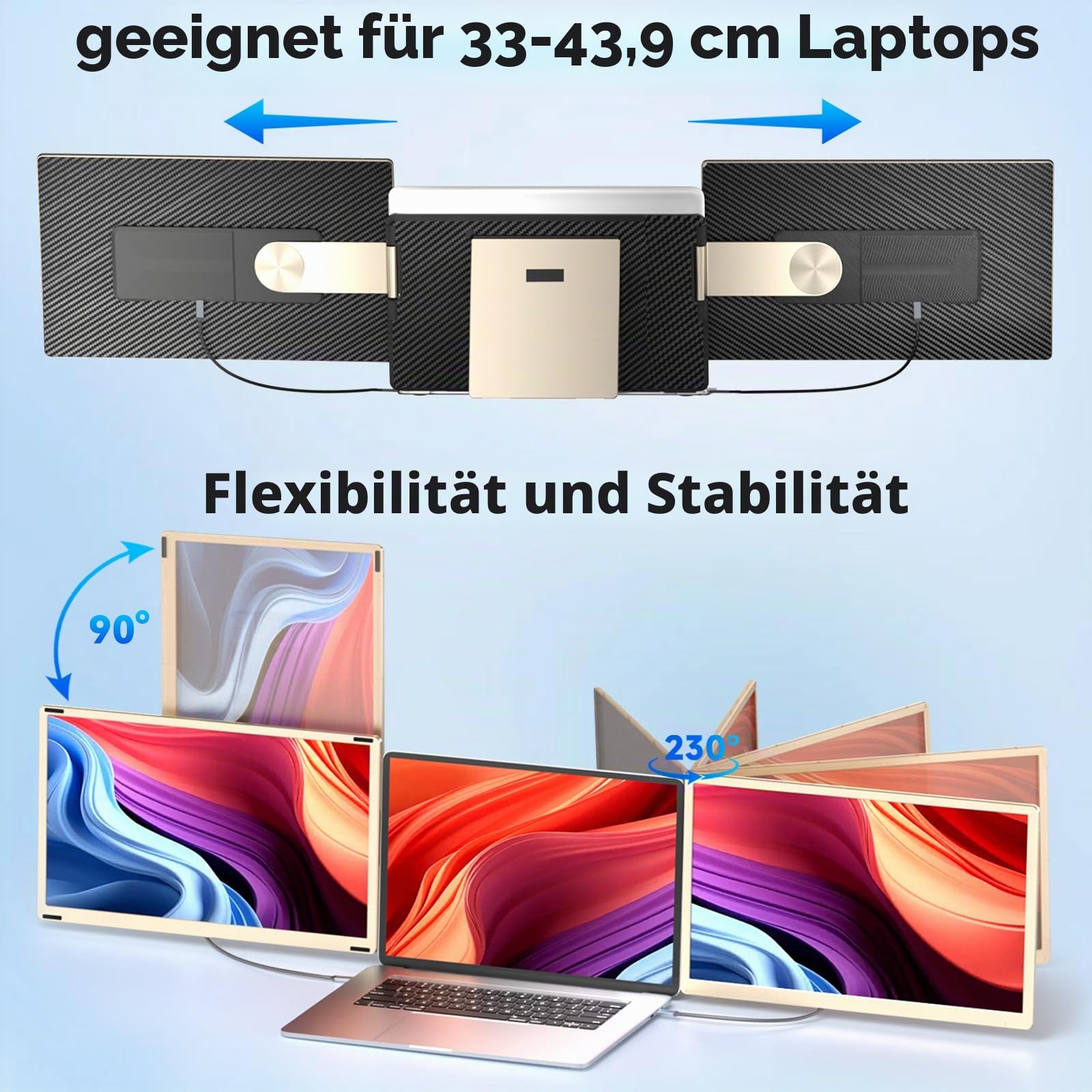 Laptop Screen Extender, 15.6” Laptop Bildschirm Extender, FHD 1080P Triple Travel Monitor mit Lautsprechern, Display Extension Kompatibel mit 13-17.3“ Laptops für Mac, Windows, Chrome, Android