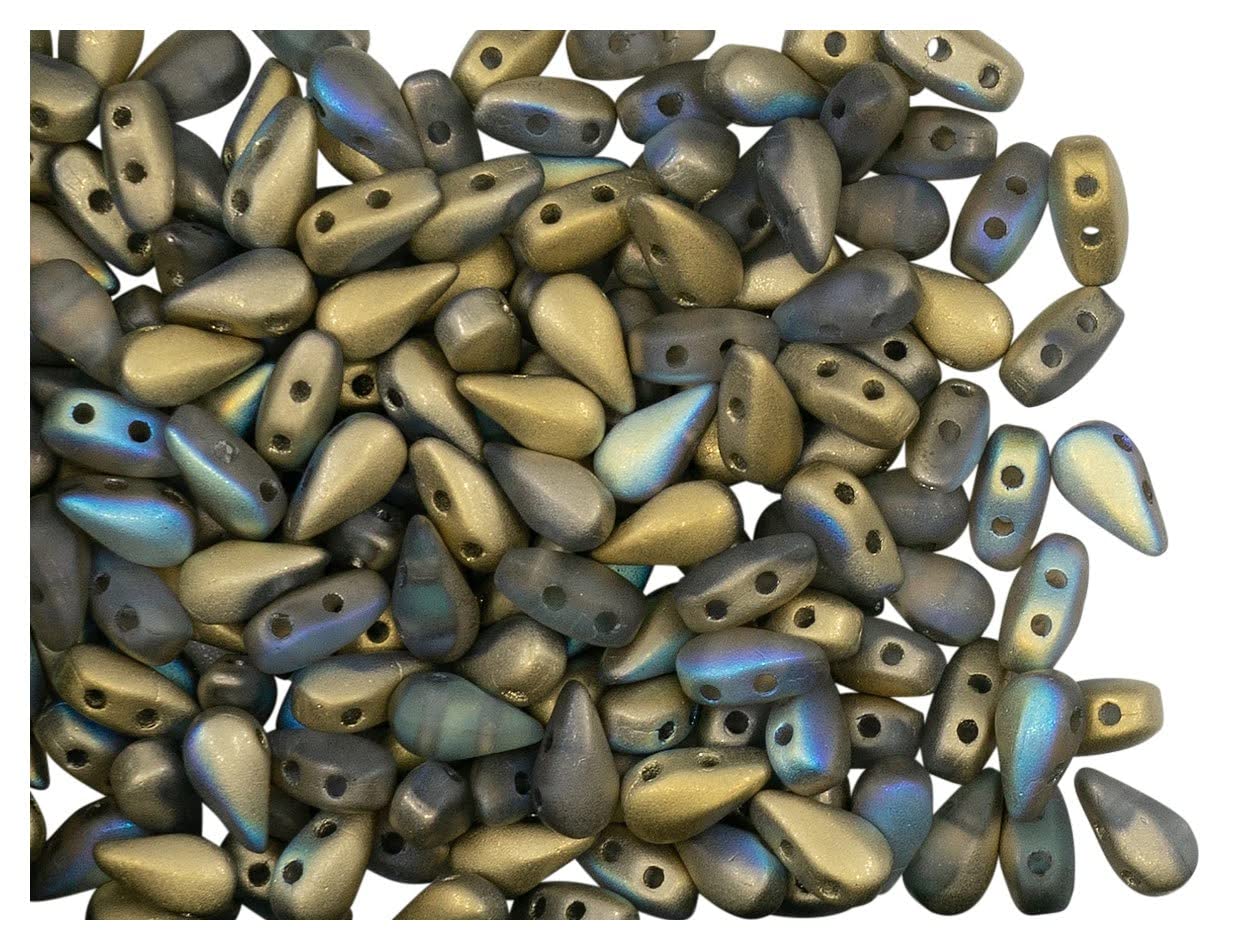 600pcs DropDuo Beads 3x6mm Two Holes, Czech Glass, Crystal Golden Rainbow Matted