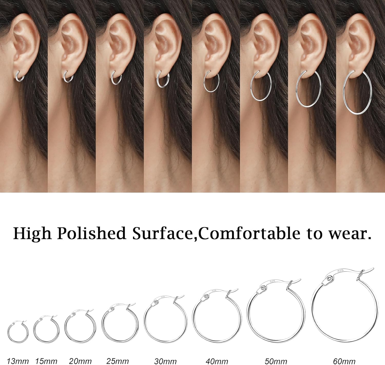 3 Pairs 925 Sterling Silver Hoop Earrings | Small White Gold Plated Hoop Earrings for Women (13mm,15mm,20mm，25mm,30mm,40mm,50mm,60mm) - Image 6