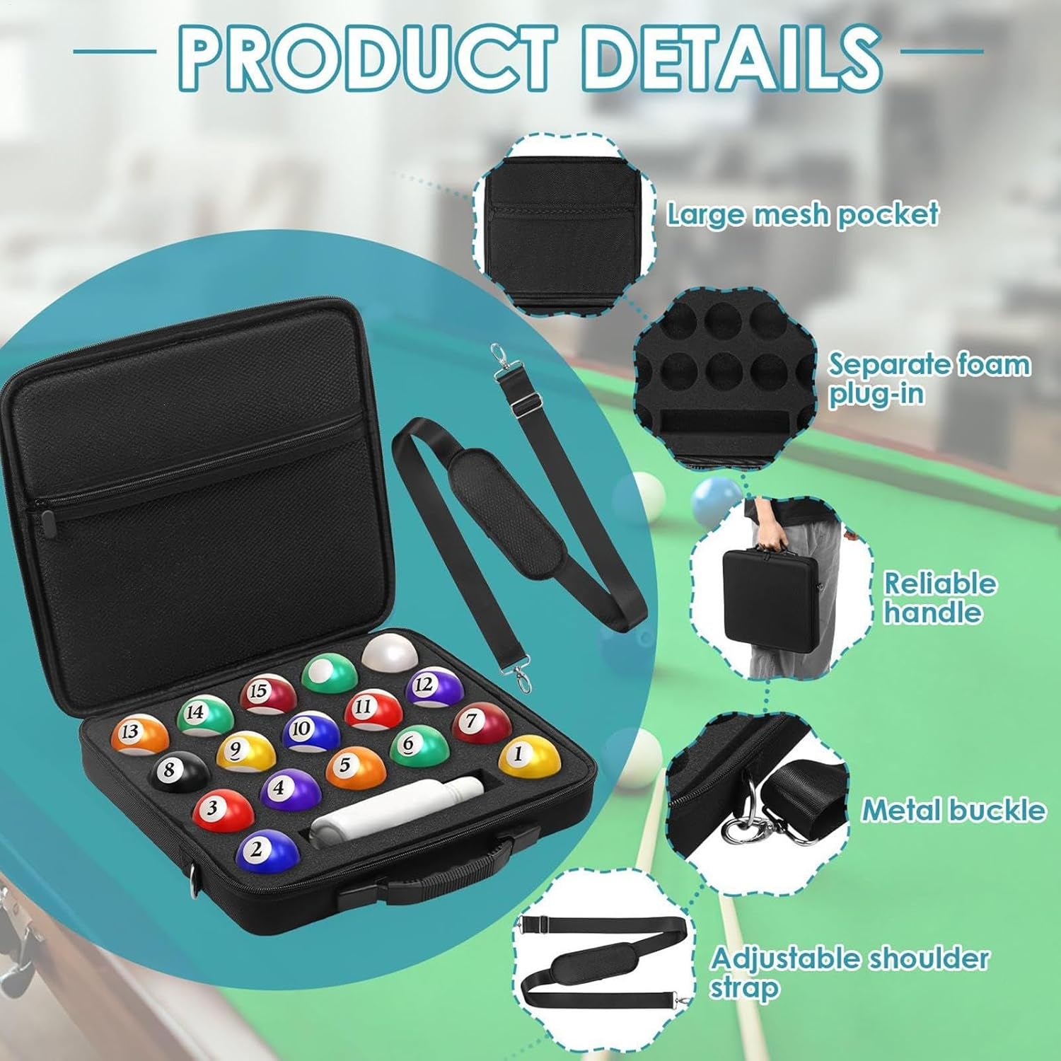 Pool Ball Holder – Large EVA Bag with Shoulder Strap | Padded Billiard Carrying Case | Portable Organizer for Home Clubs Travel | Sports Recreation Training Storage for Men Women Enthusiasts